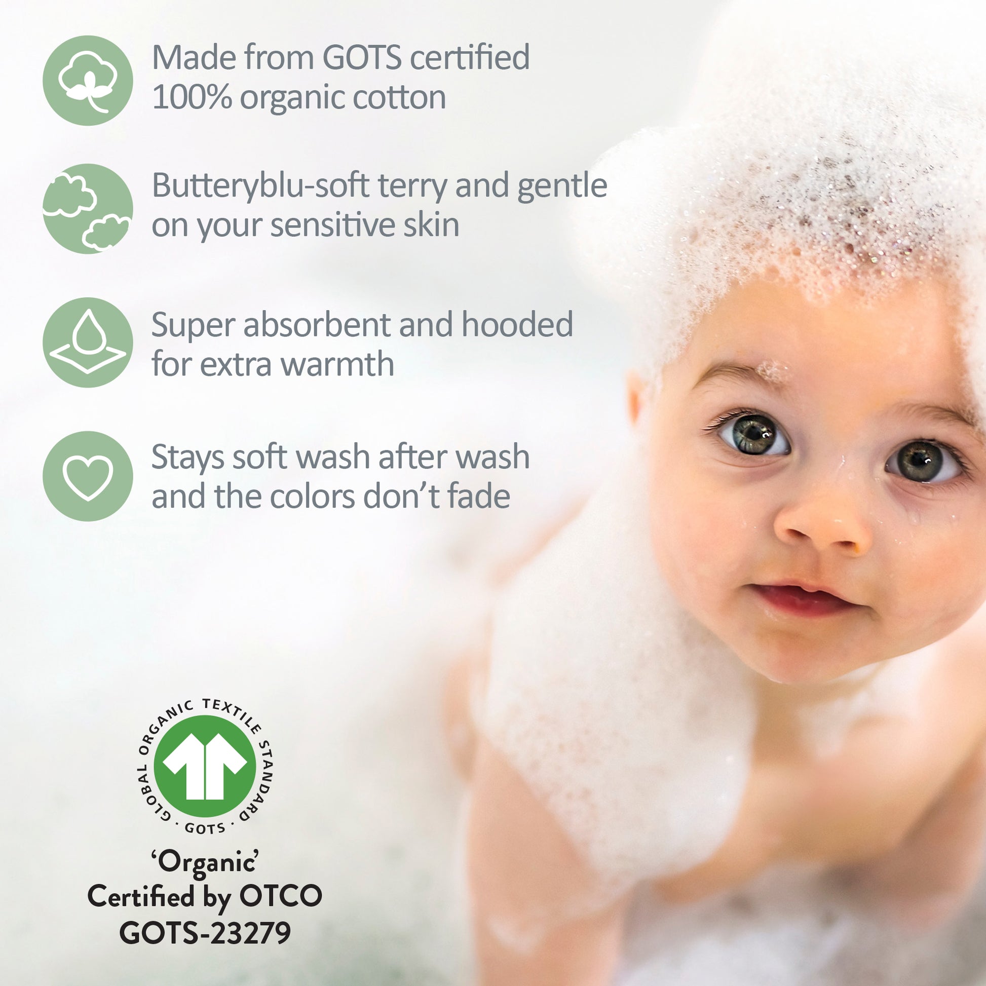 Baby with GOTS certification badges