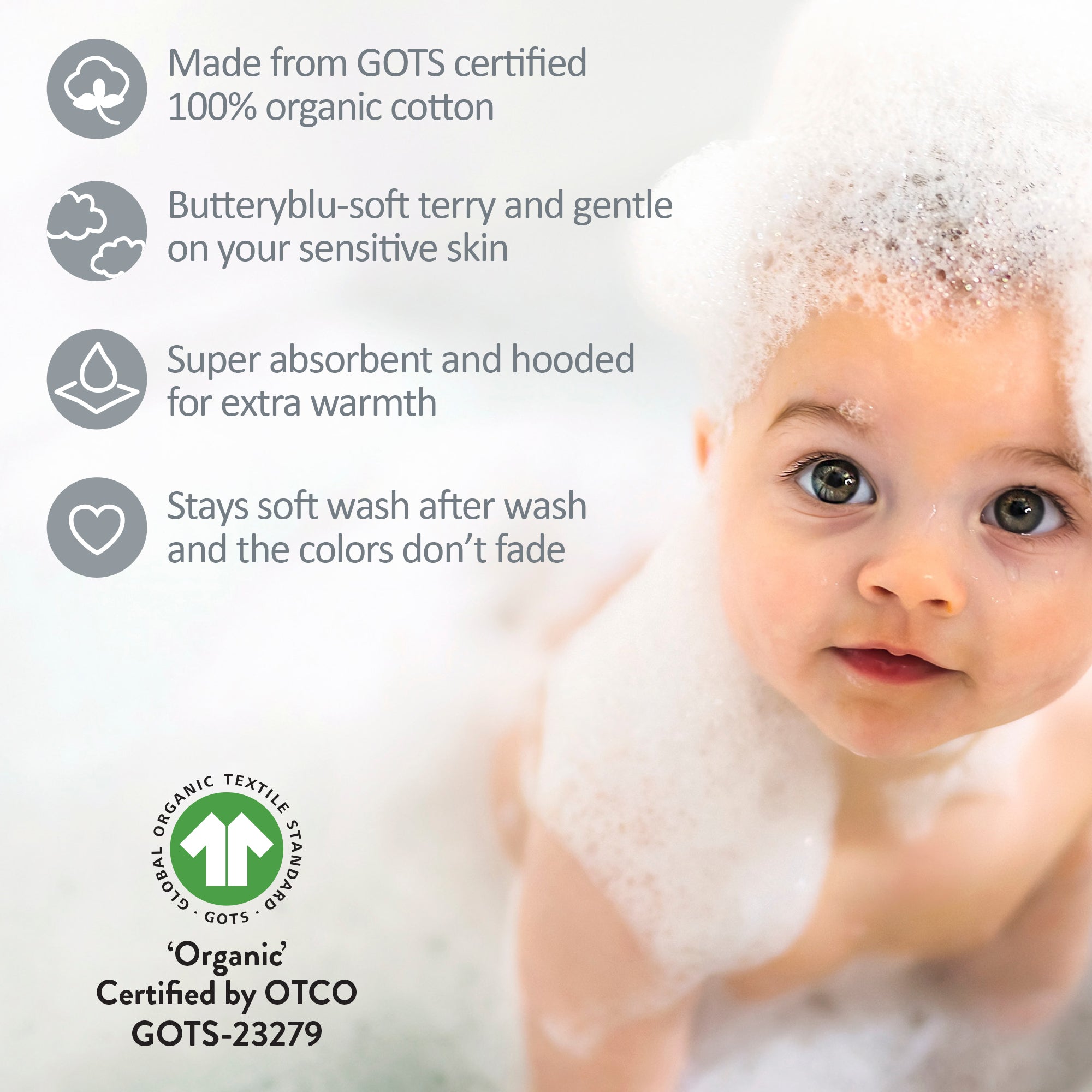 Baby with GOTS certification badges