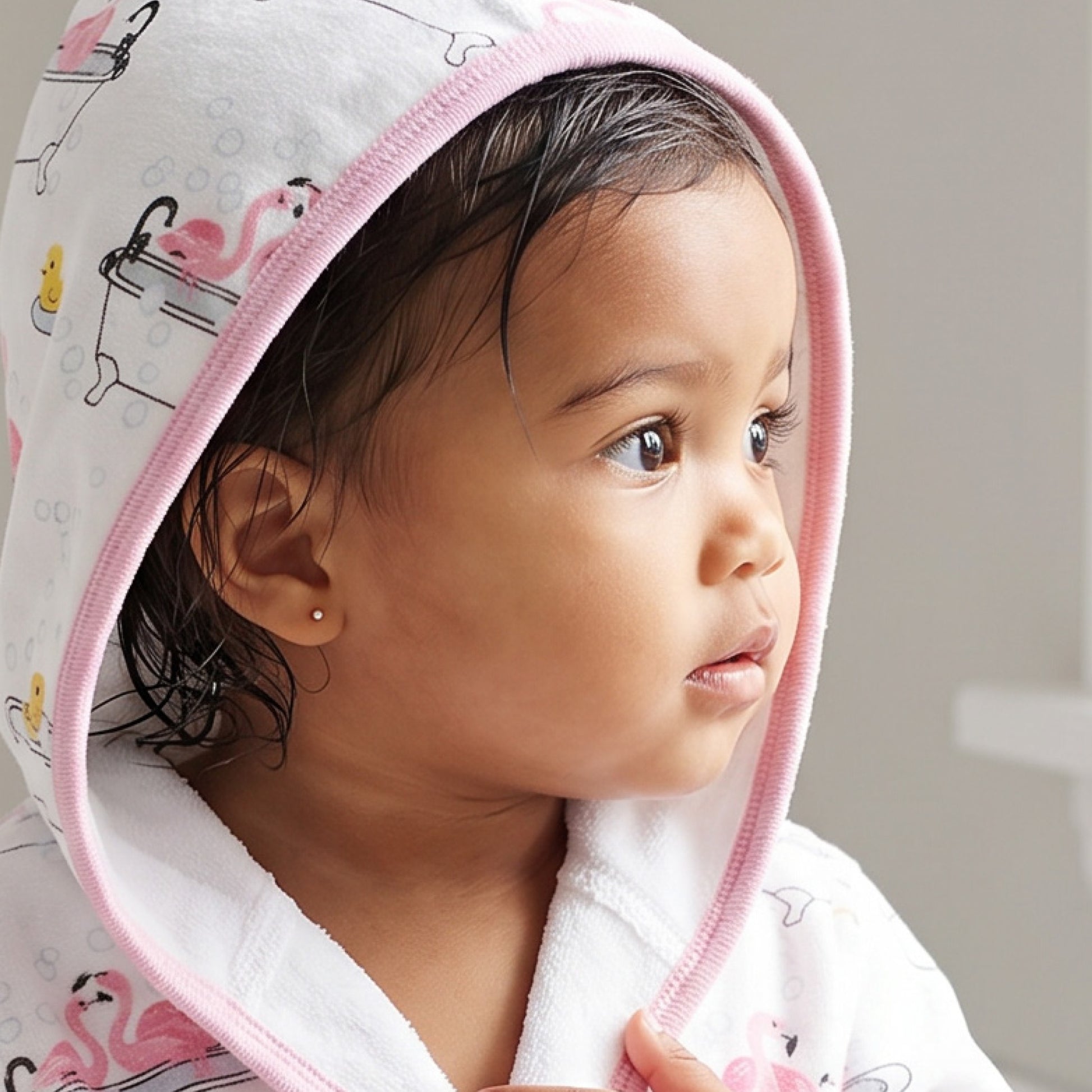 Really cute baby wearing Fab Flamingo Robe