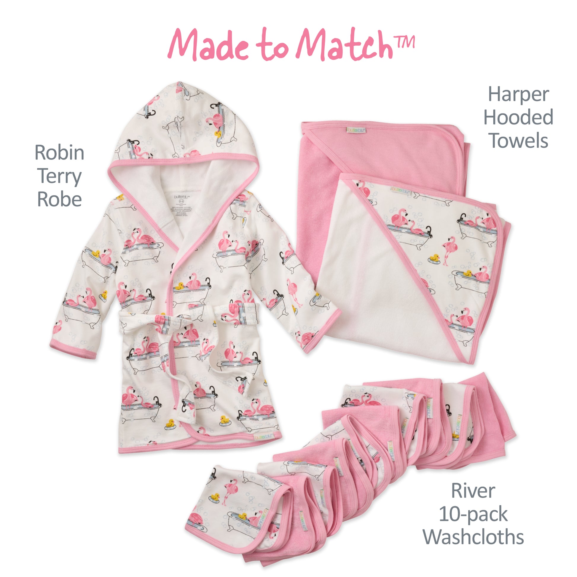 Made to Match layout of Robin robe, harper hooded towels, and rive wash cloths, all in Fab Famingo