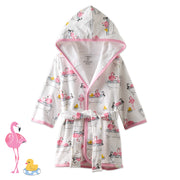 Fab fllamingo robe main image with front of robe pictured on a white background and flamingo graphic in corner.