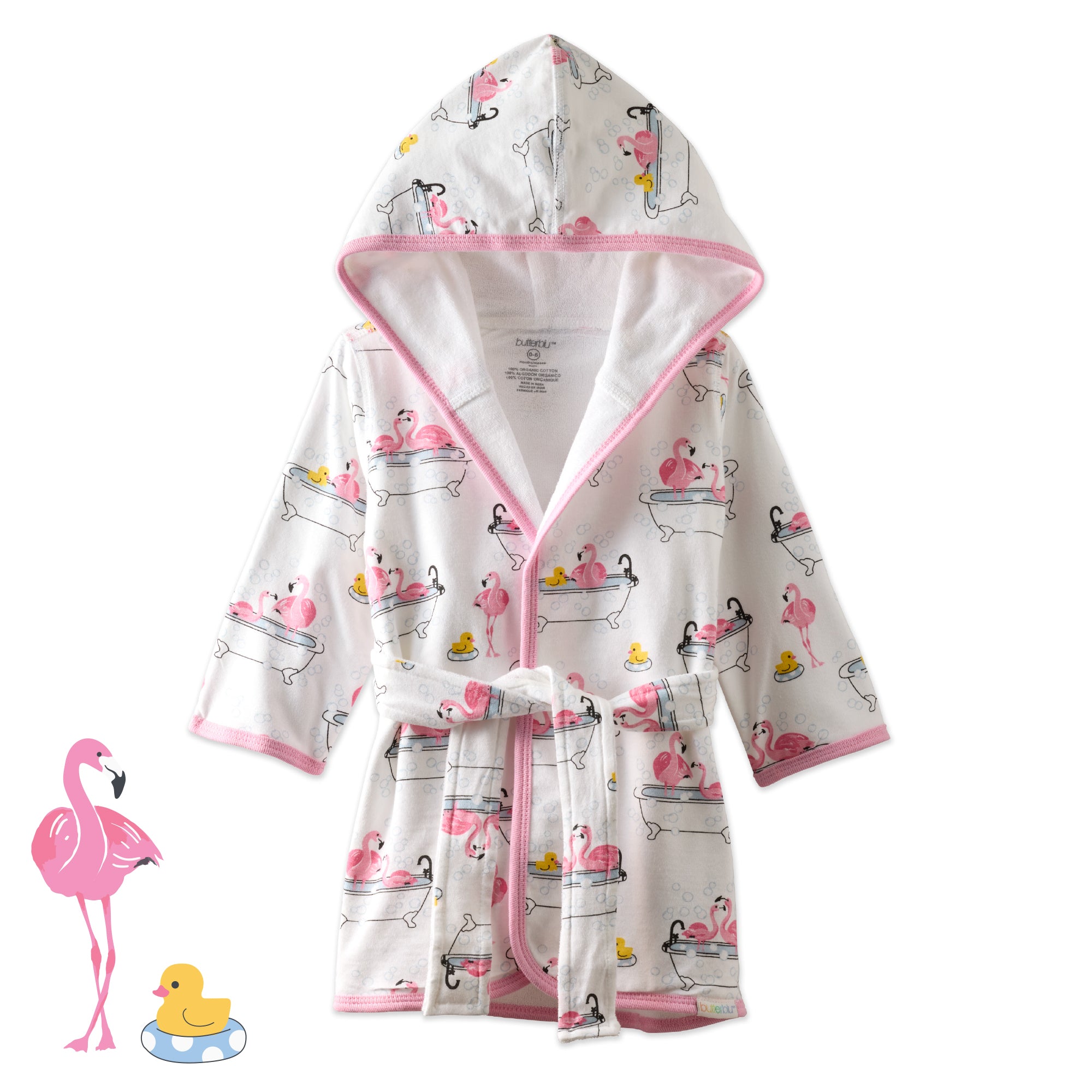 Fab fllamingo robe main image with front of robe pictured on a white background and flamingo graphic in corner.