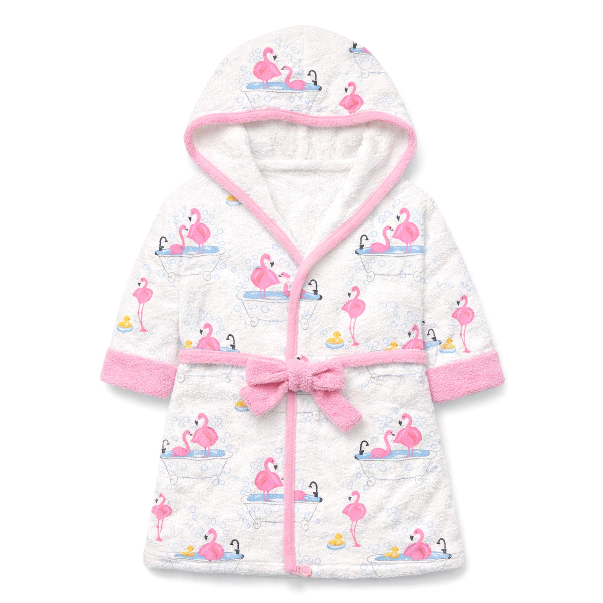 Butterblu Robin the robe in Fab Flamingo — GOTS-certified organic cotton baby and toddler bath robe