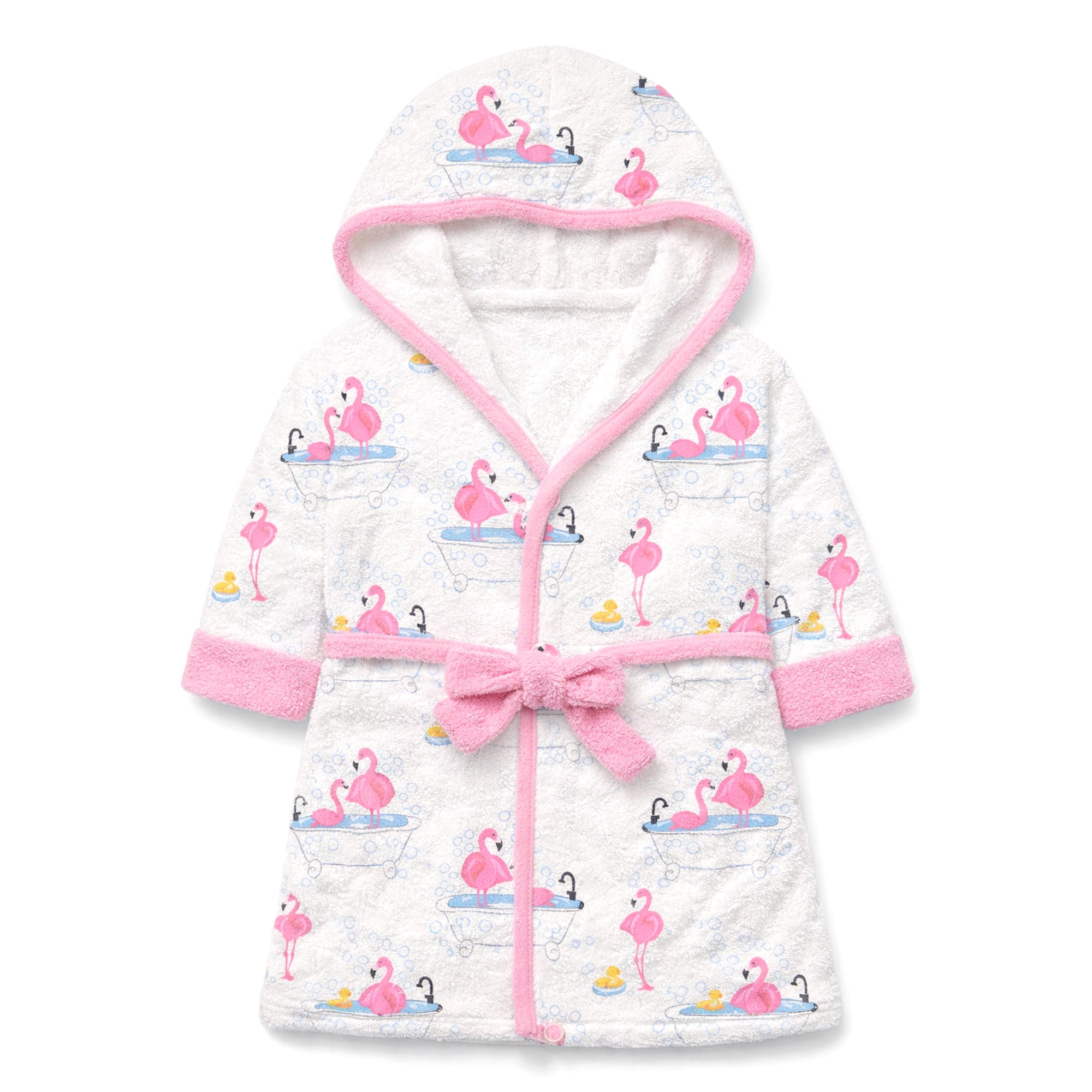 Butterblu Robin the robe in Fab Flamingo — GOTS-certified organic cotton baby and toddler bath robe