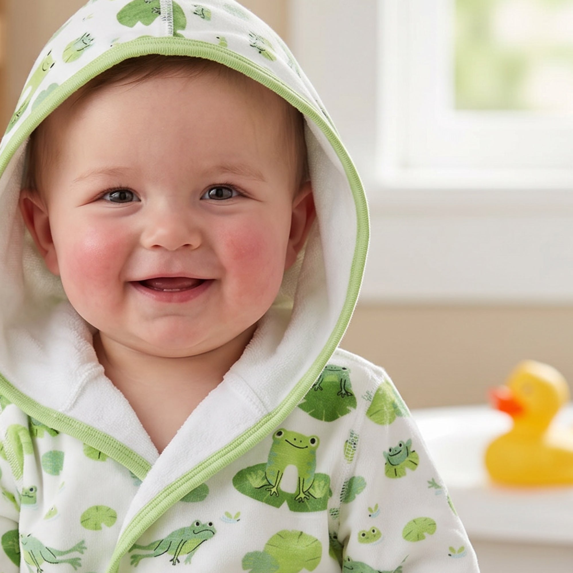 Really cute baby wearing Leap Frog Robe