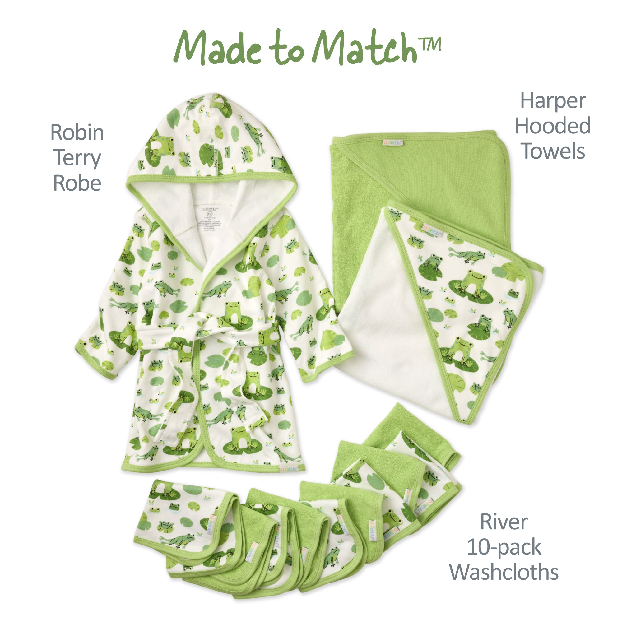 Made to Match layout of Robin robe, harper hooded towels, and rive wash cloths, all in leap frog