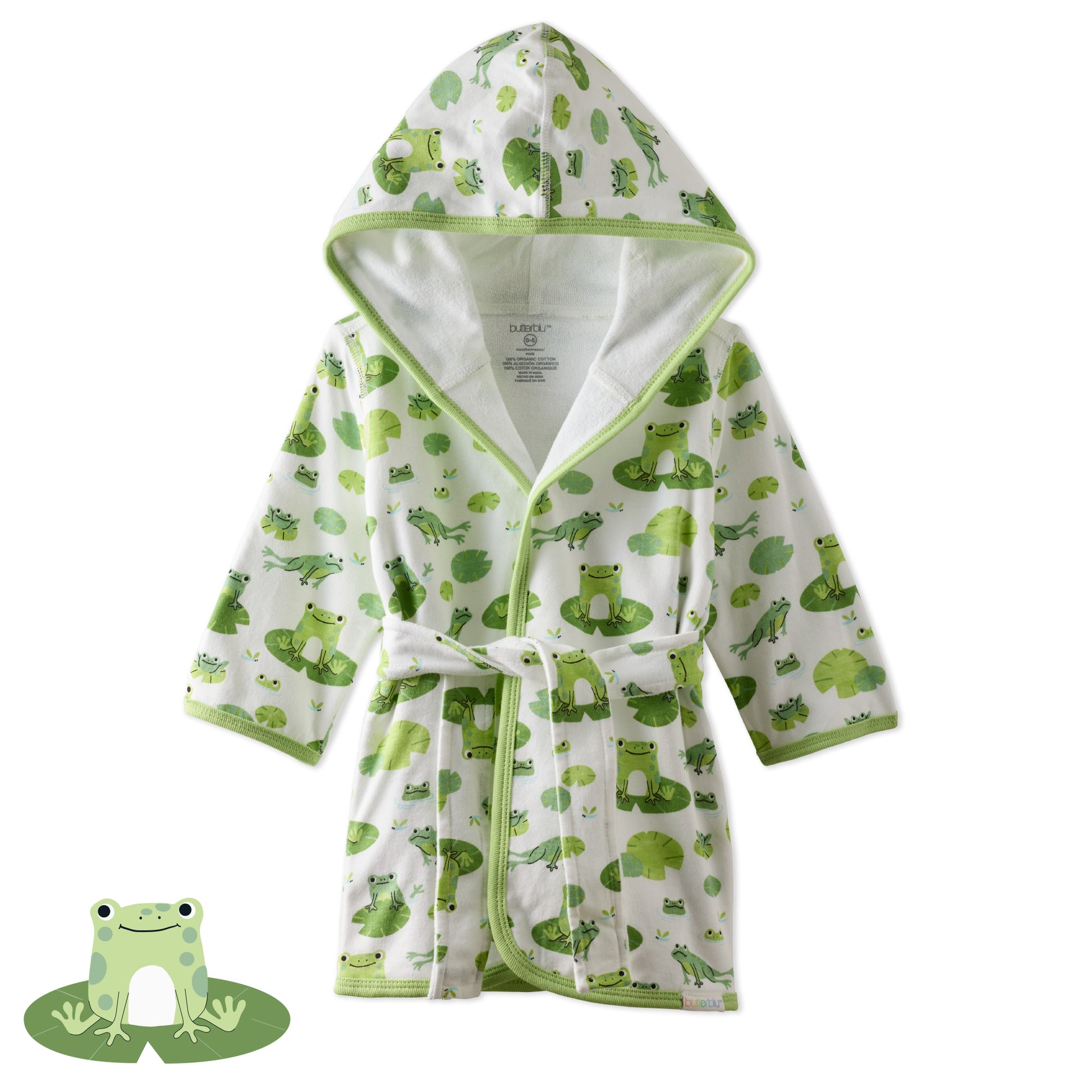 Leap frog robe main image with front of robe pictured on a white background and frog graphic in corner.
