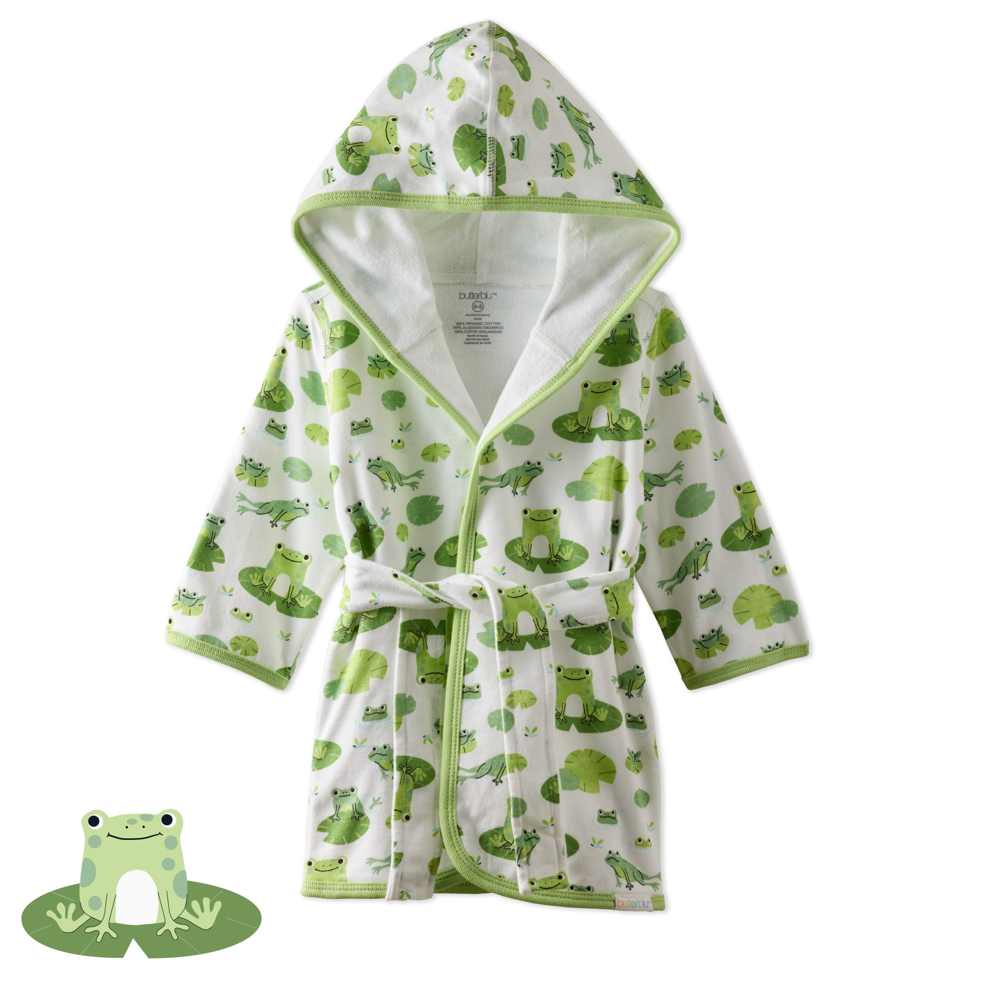 Leap frog robe main image with front of robe pictured on a white background and frog graphic in corner.