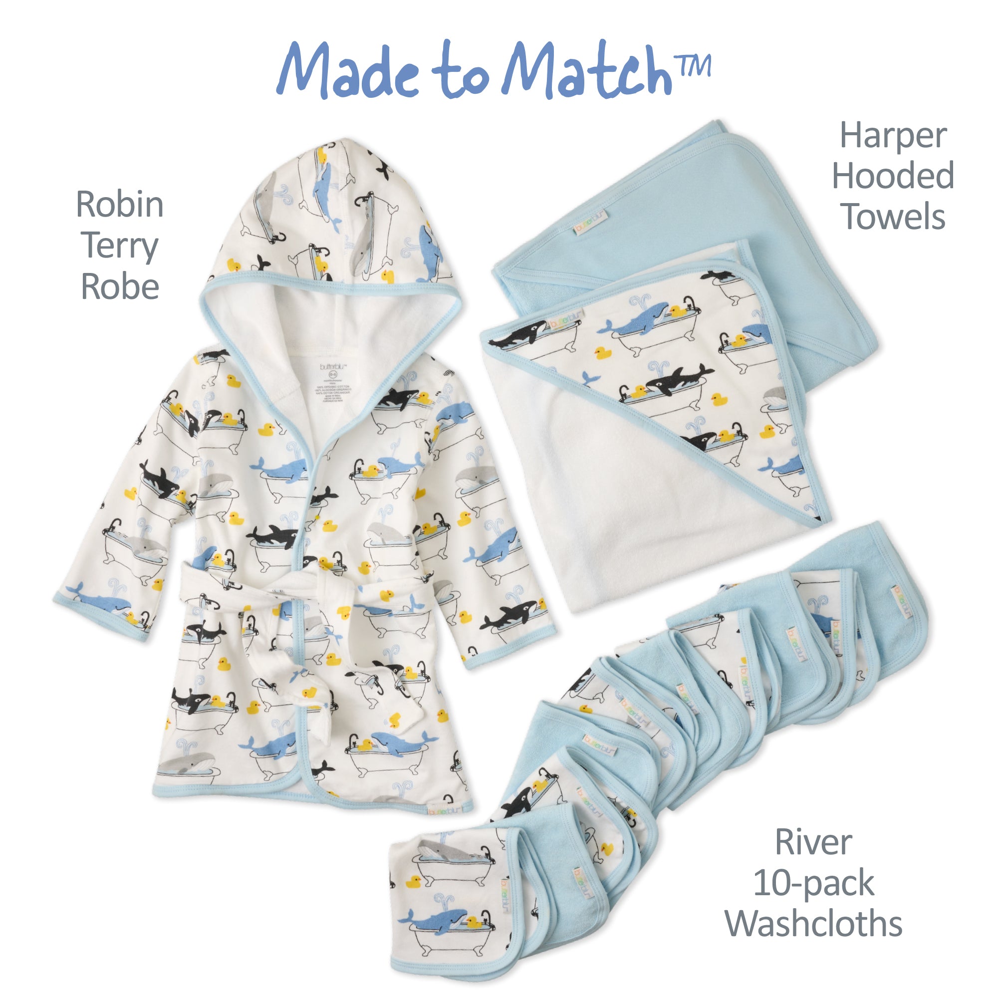 Made to Match layout of Robin robe, harper hooded towels, and rive wash cloths, all in Oh Whale