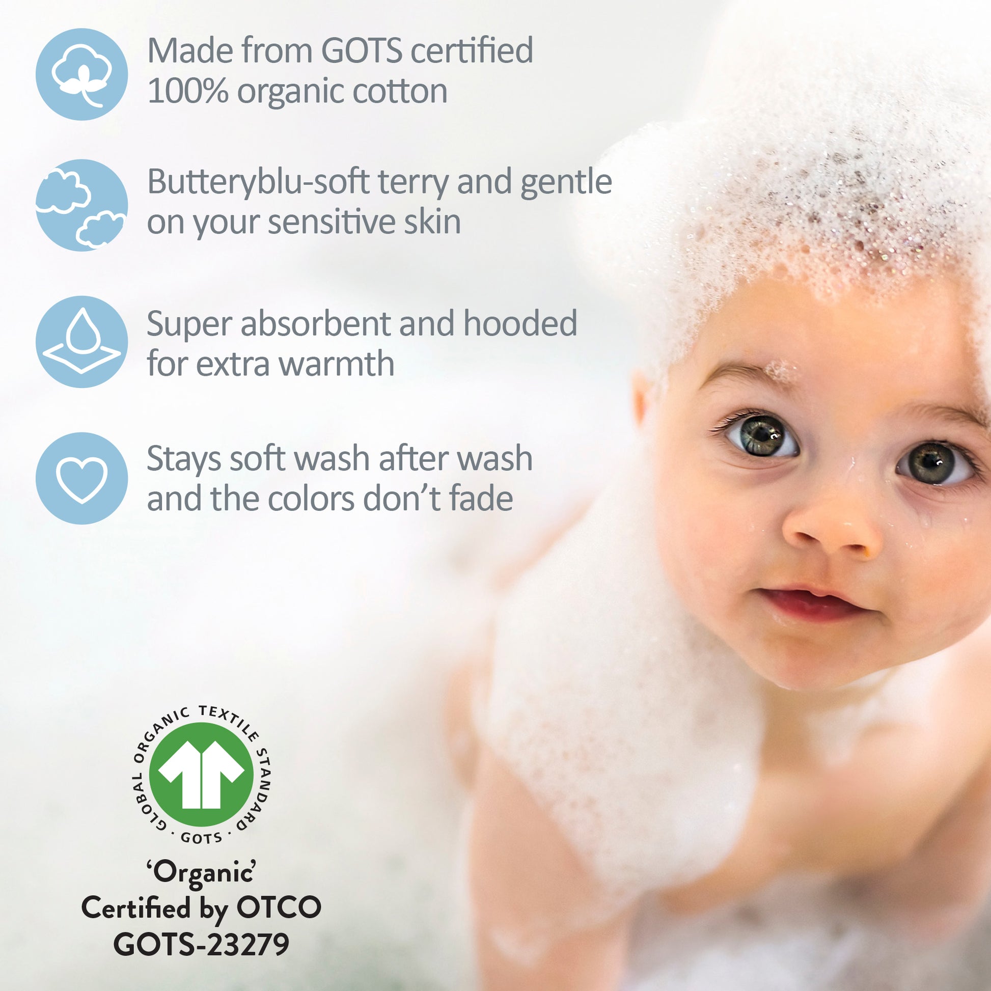 Baby in bubble bath with GOTS certification badges