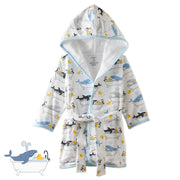 Oh Whale robe main image with front of robe pictured on a white background and whale graphic in corner.