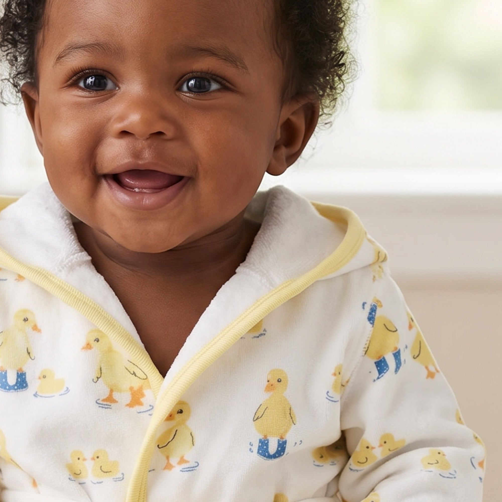 Really cute baby wearing Puddle Jumpers Robe