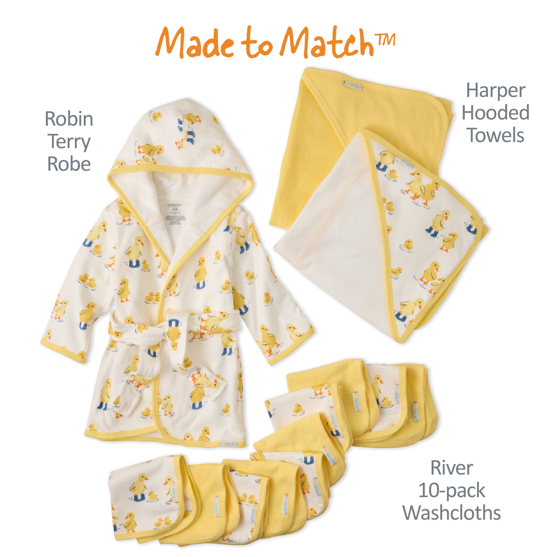 Made to Match layout of Robin robe, harper hooded towels, and rive wash cloths, all in Puddle Jumpers