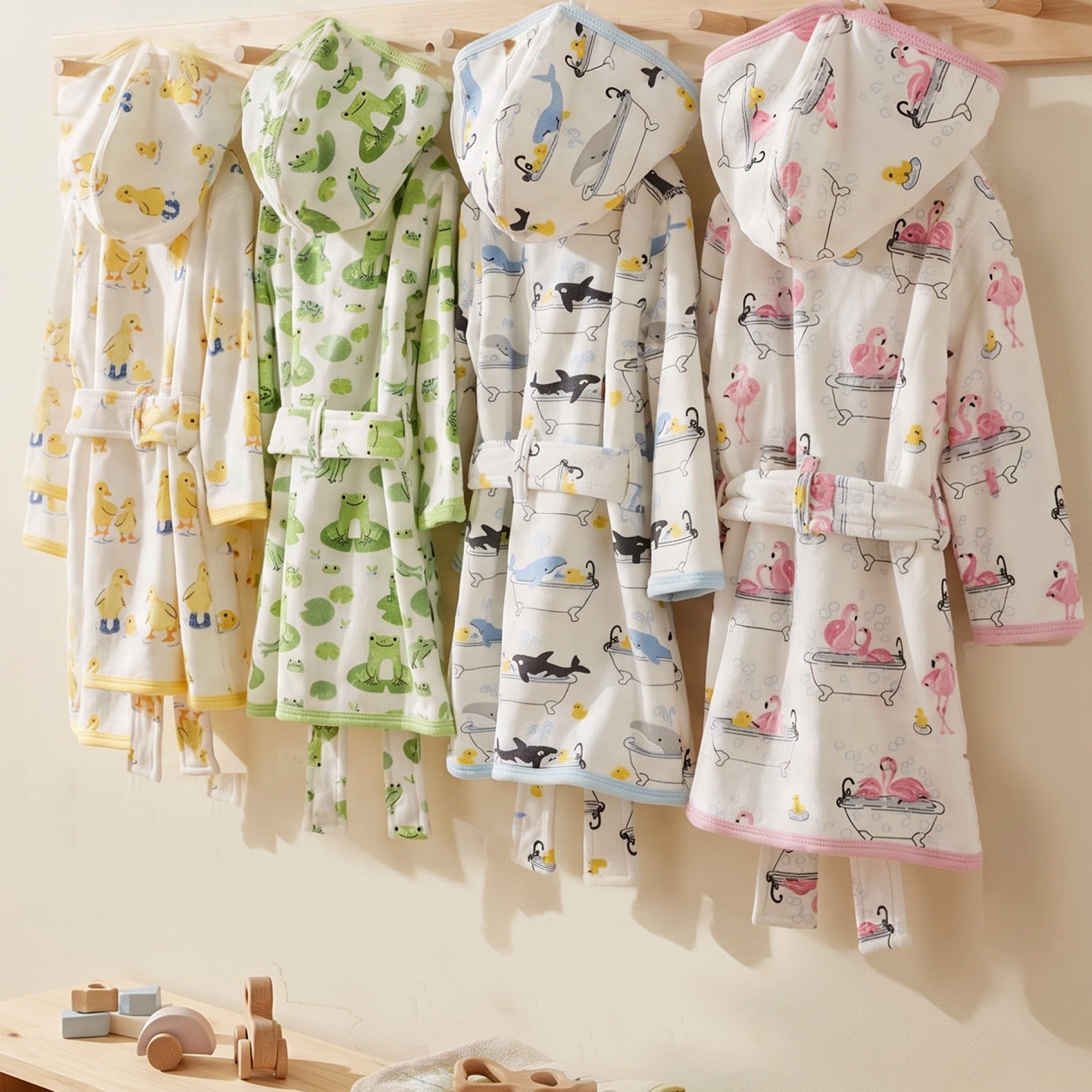 Robin Robe's in all colors hanging up together in a wooden bathroom

