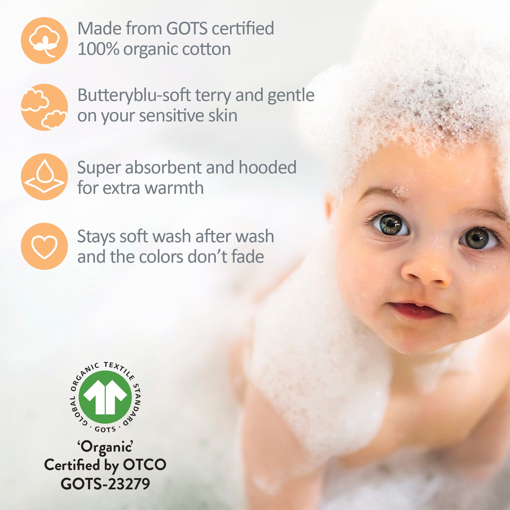 Baby in bubble bath with GOTS certification badges