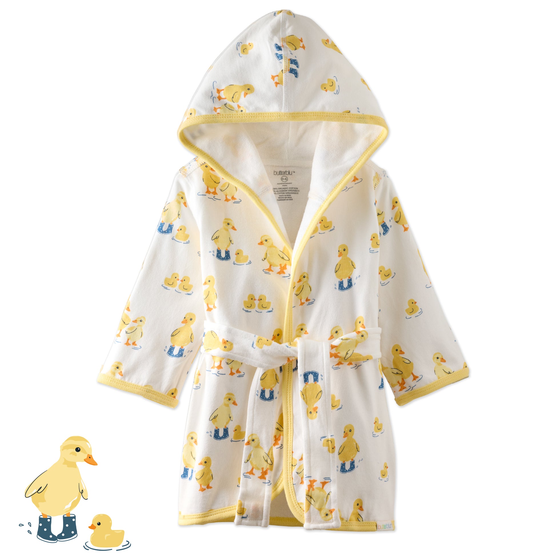 Puddle Jumpers robe main image with front of robe pictured on a white background and duck graphic in corner.