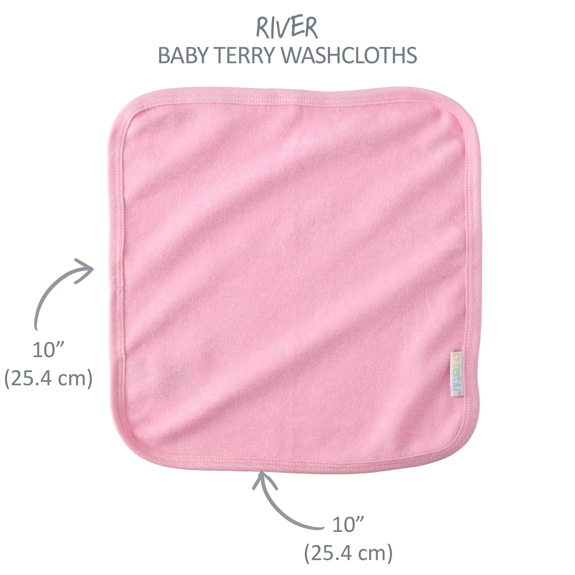 River washcloth with 10'' square measurement label