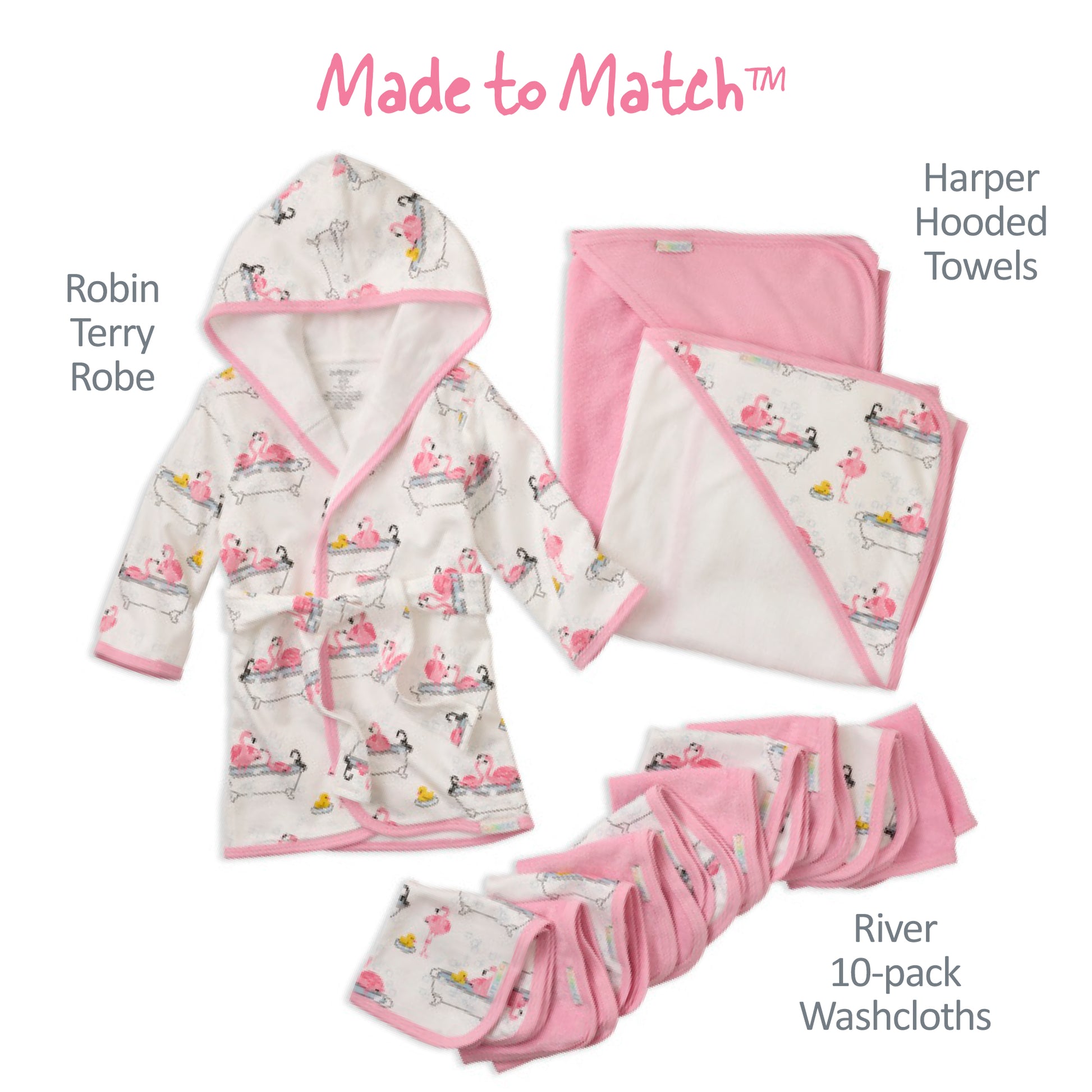 Made to match layout of Robin Robe, Harper Hooded Towel, and River Washcloths in Fab Flamingo