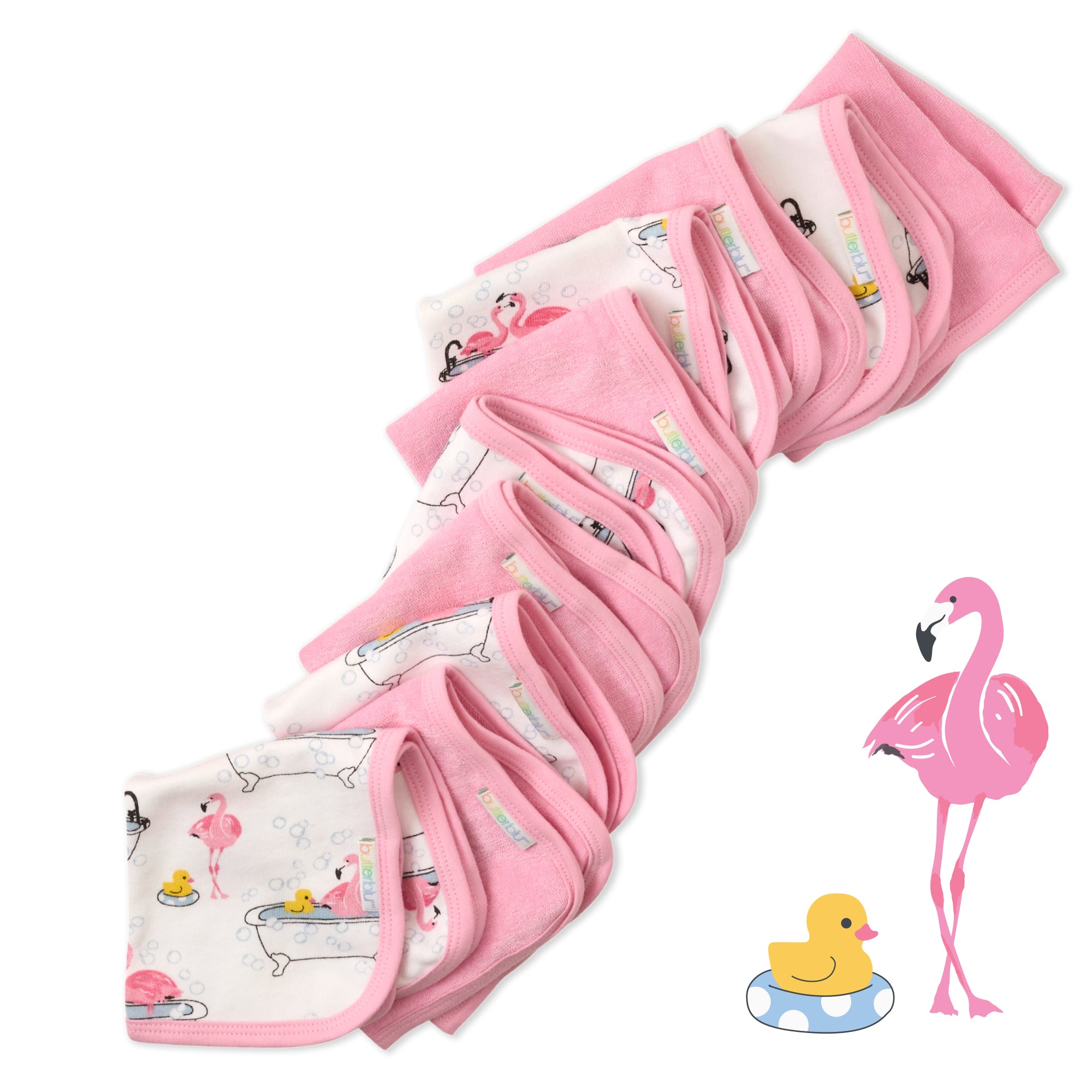 Layout of 10 washcloths in Fab flamingo with Flamingo graphic