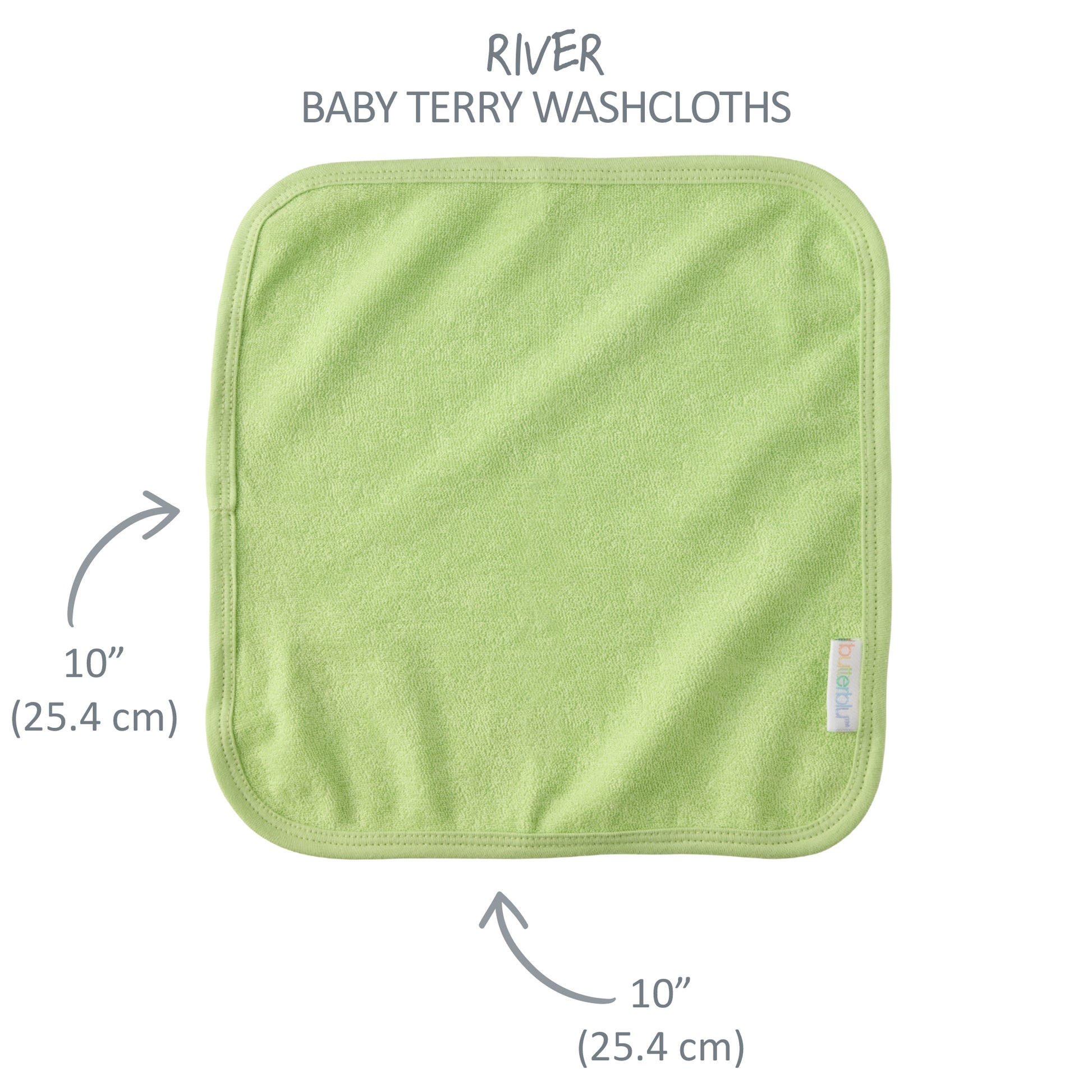 River washcloth with 10'' square measurement label