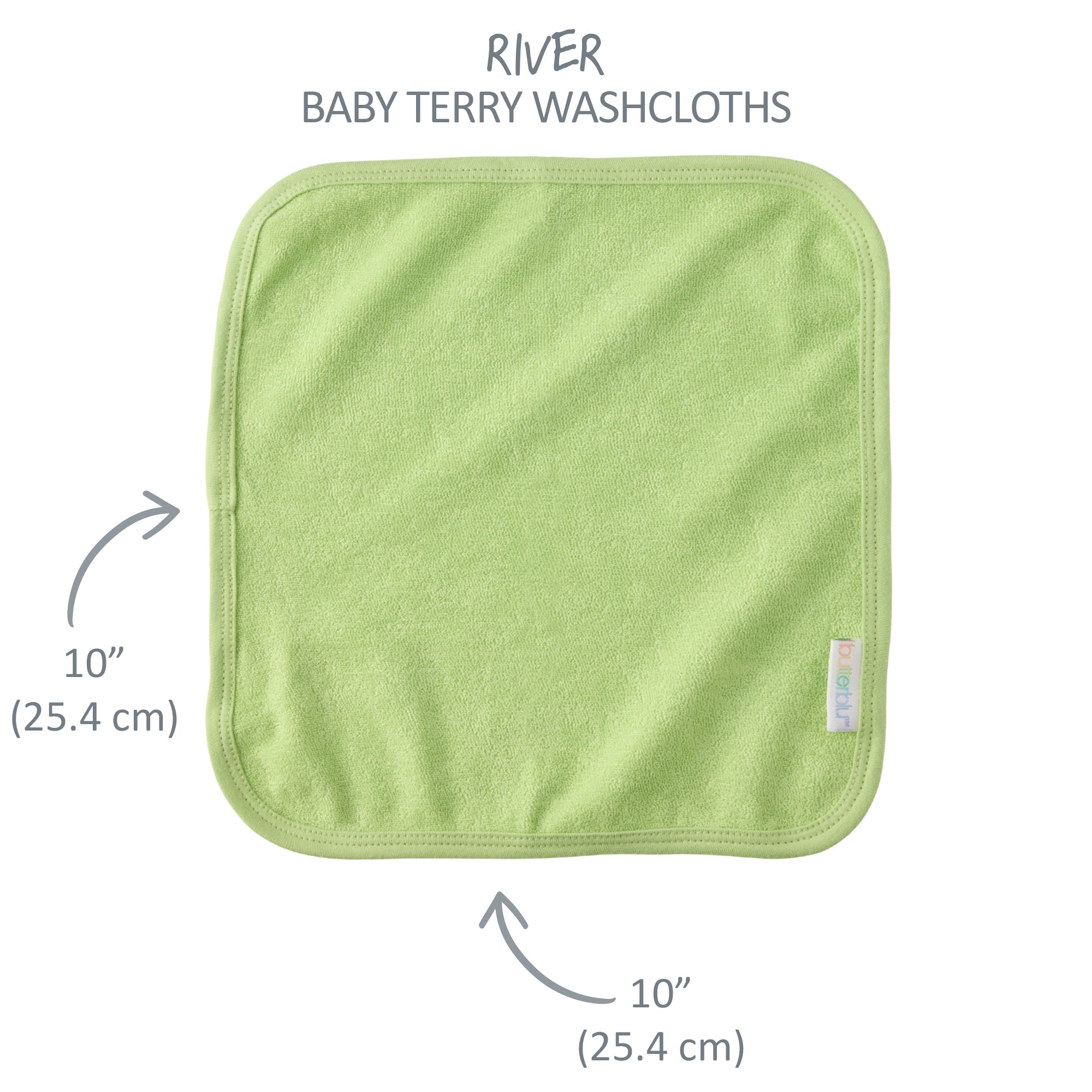 River washcloth with 10'' square measurement label
