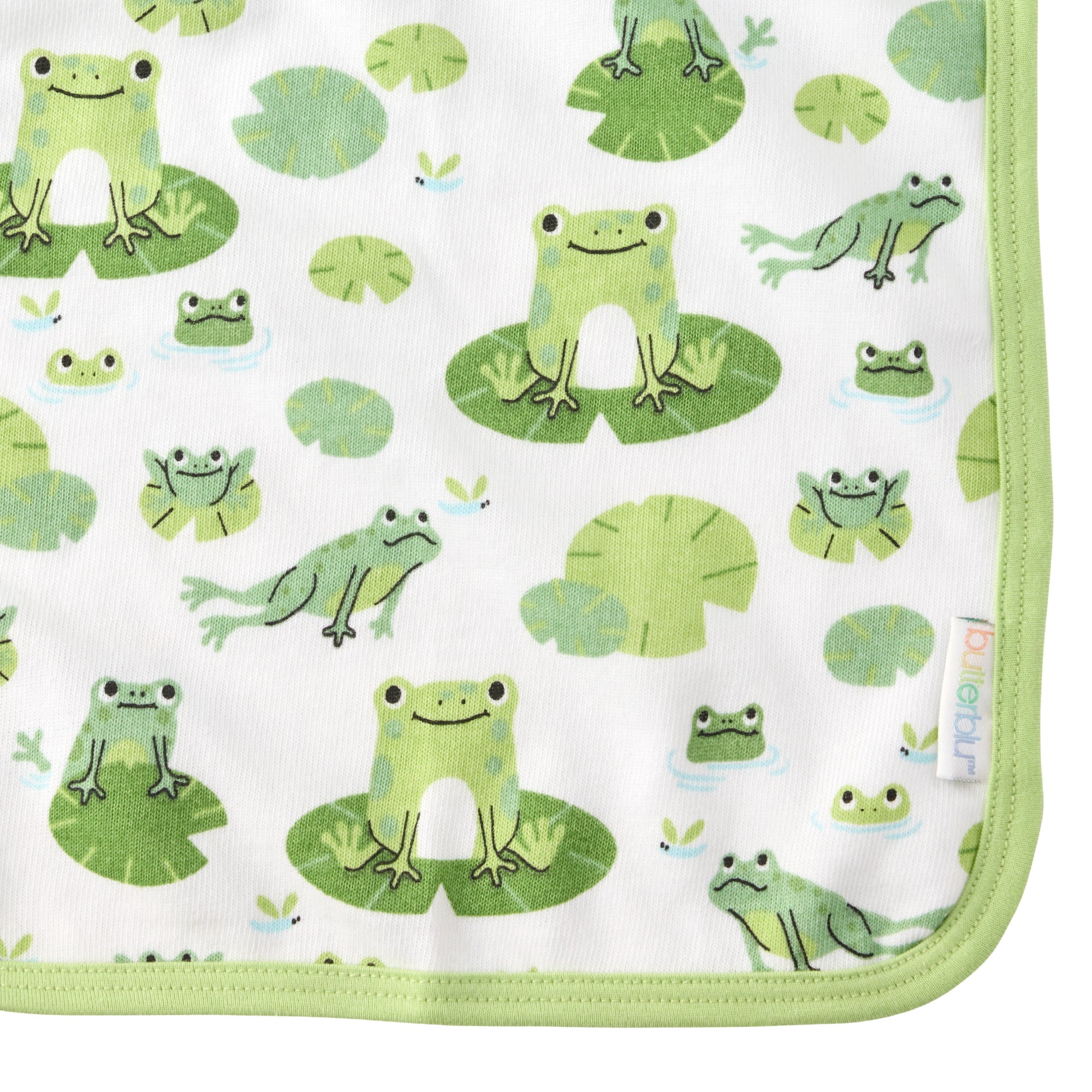 Close up of Leap Frog print on River washcloth and butterblu tag