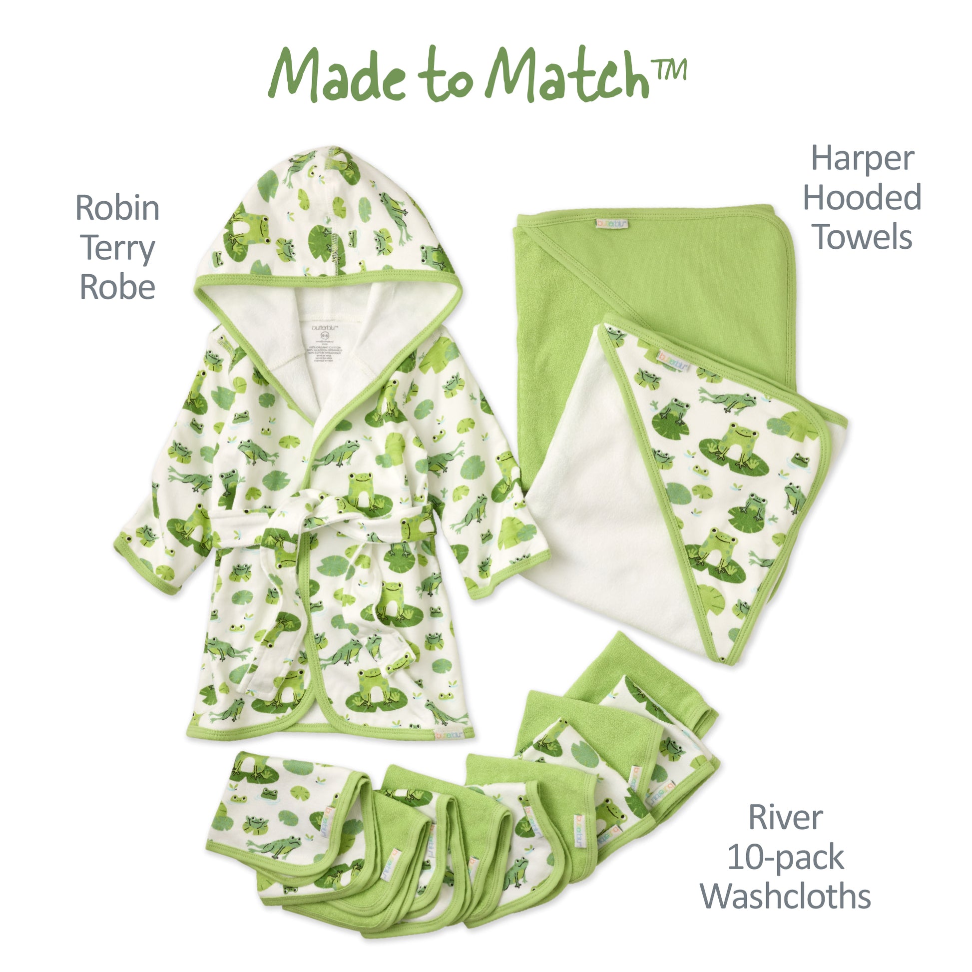 Made to match layout of Robin Robe, Harper Hooded Towel, and wash cloths in Leap Frog