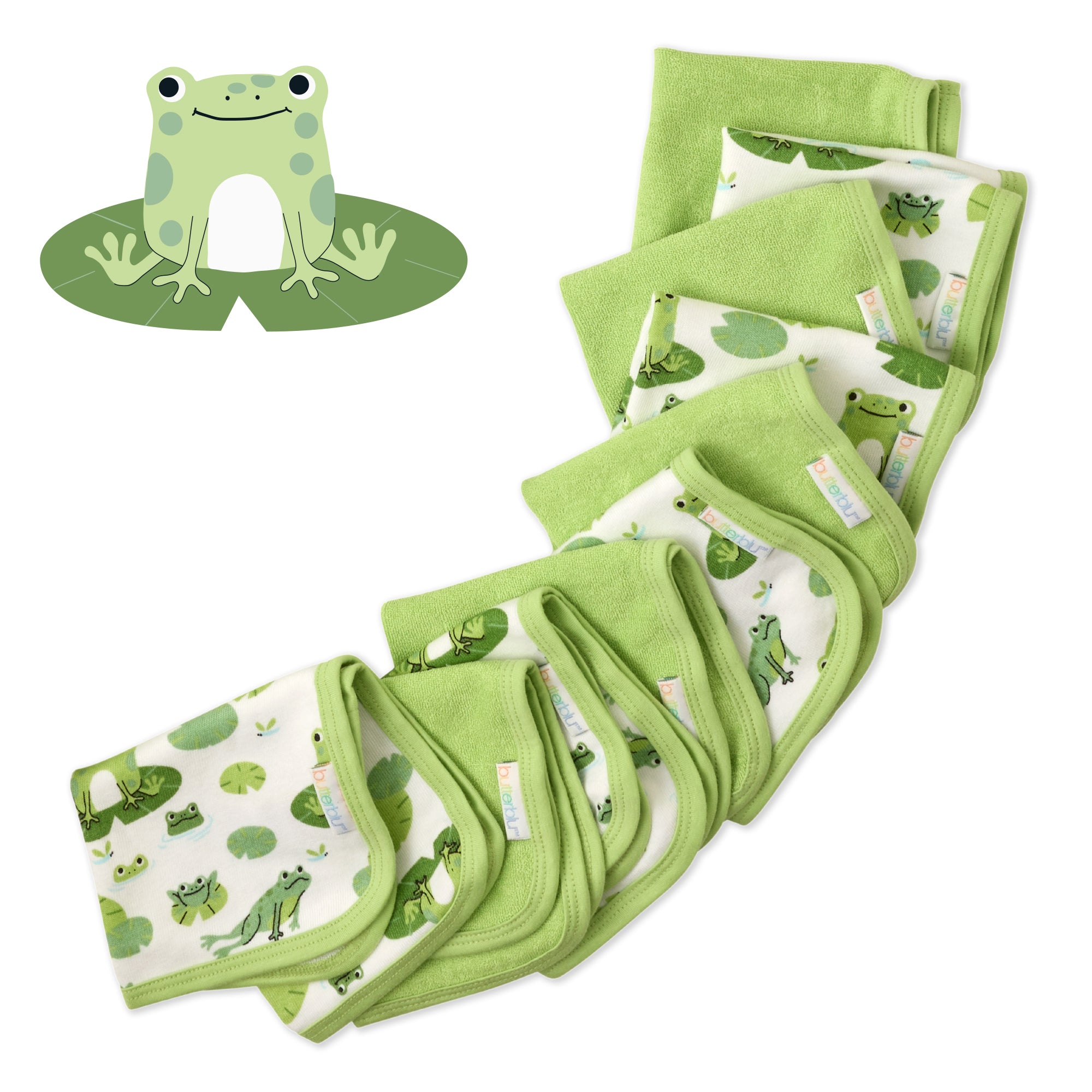 Layout of 10 washcloths in Leap Frog with frog graphic