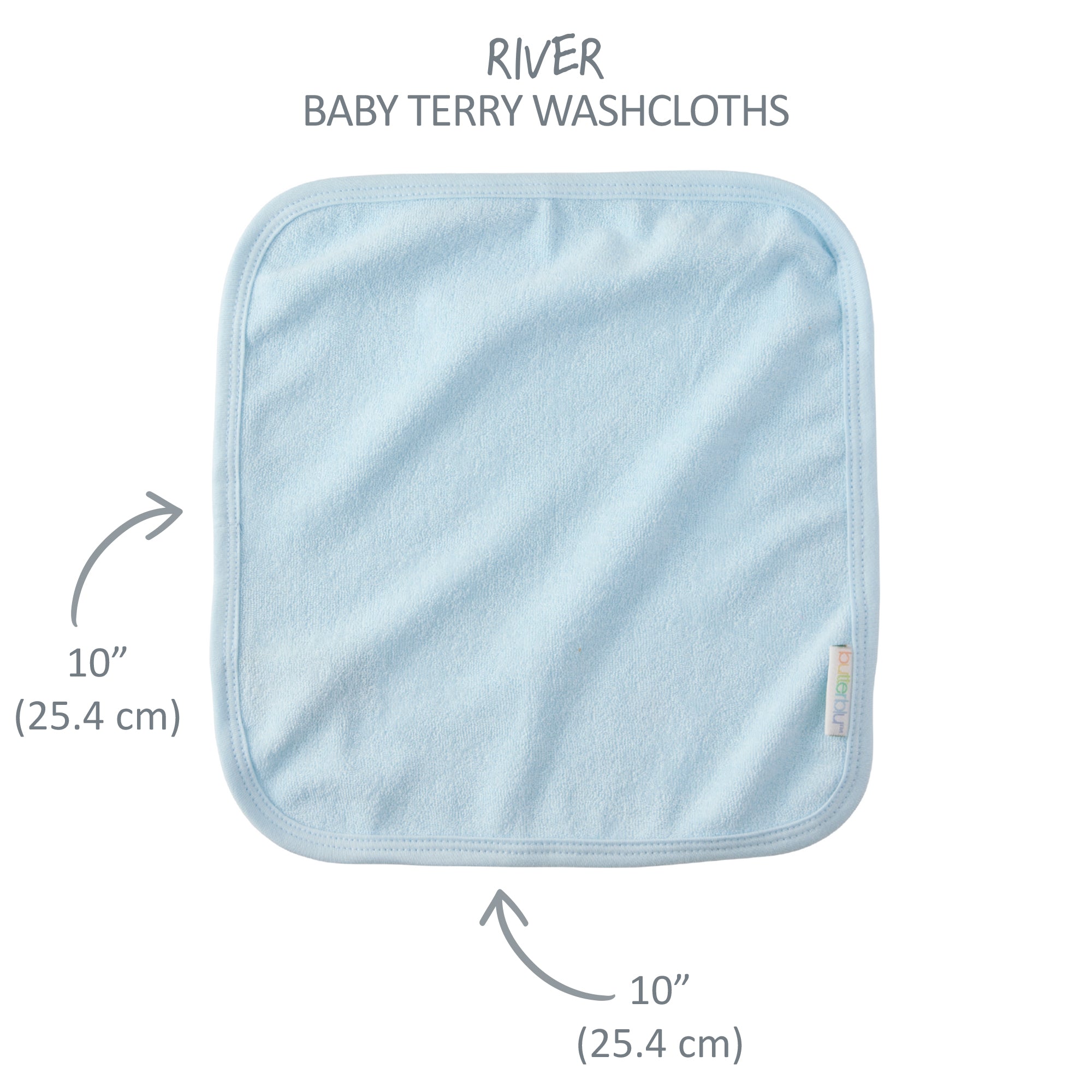 River washcloth with 10'' square measurement label