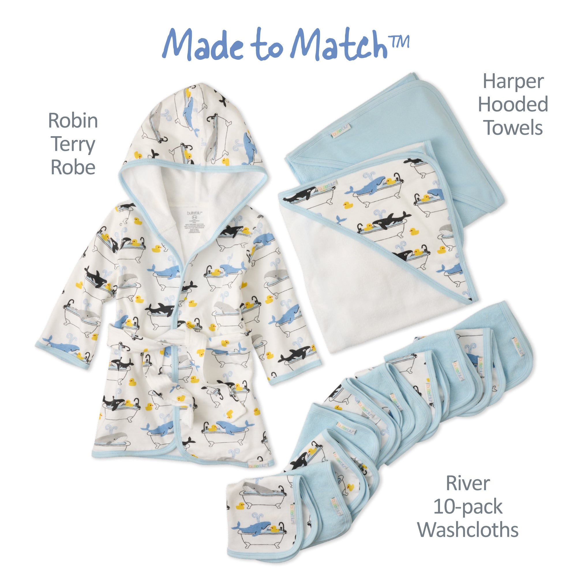 Made to match layout of Robin Robe, Harper Hooded Towel, and River Washcloths in Oh Whale