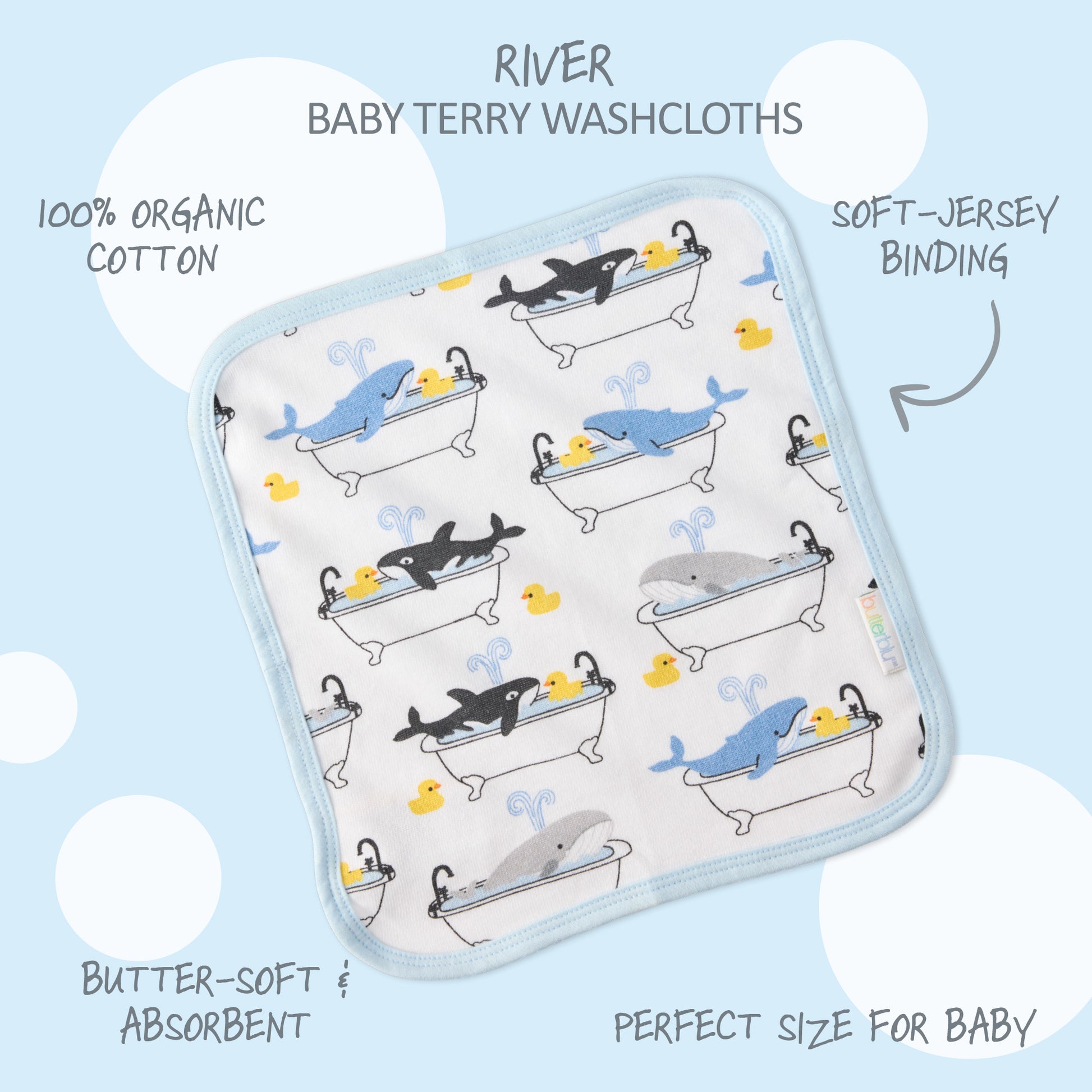 River Washcloth surrounded by product descriptions 