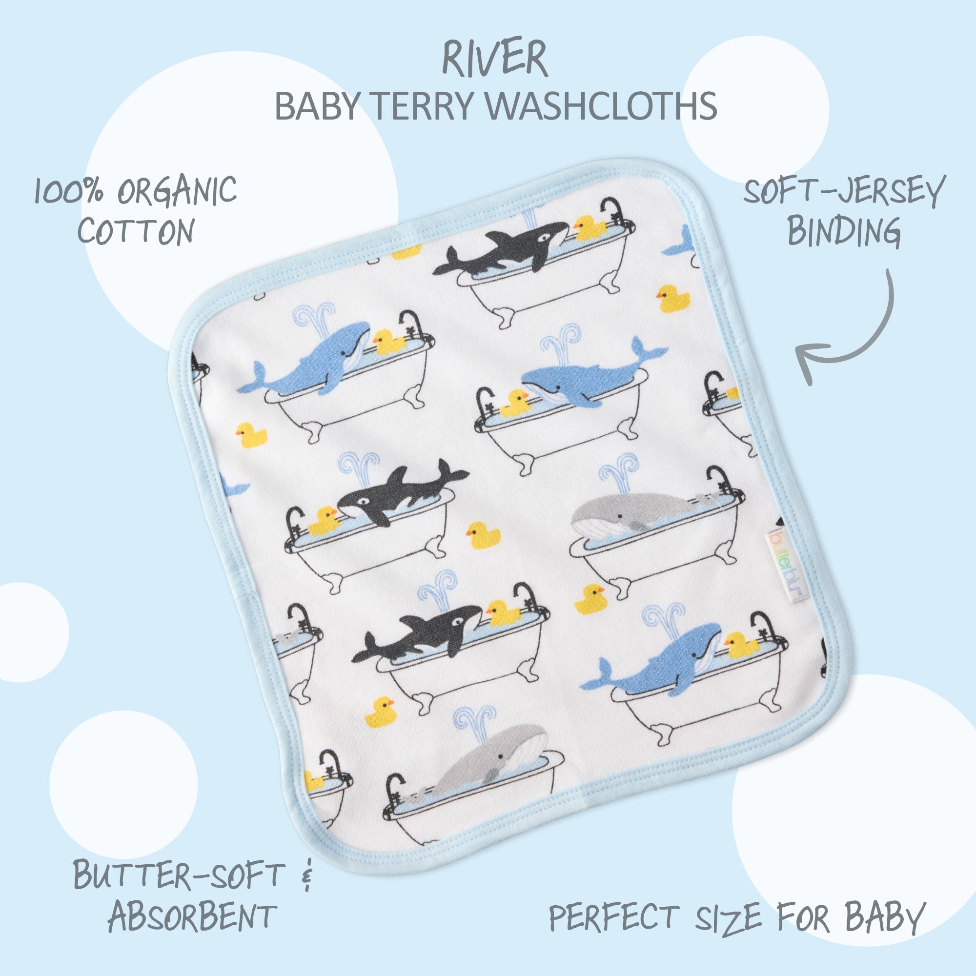 River Washcloth surrounded by product descriptions 