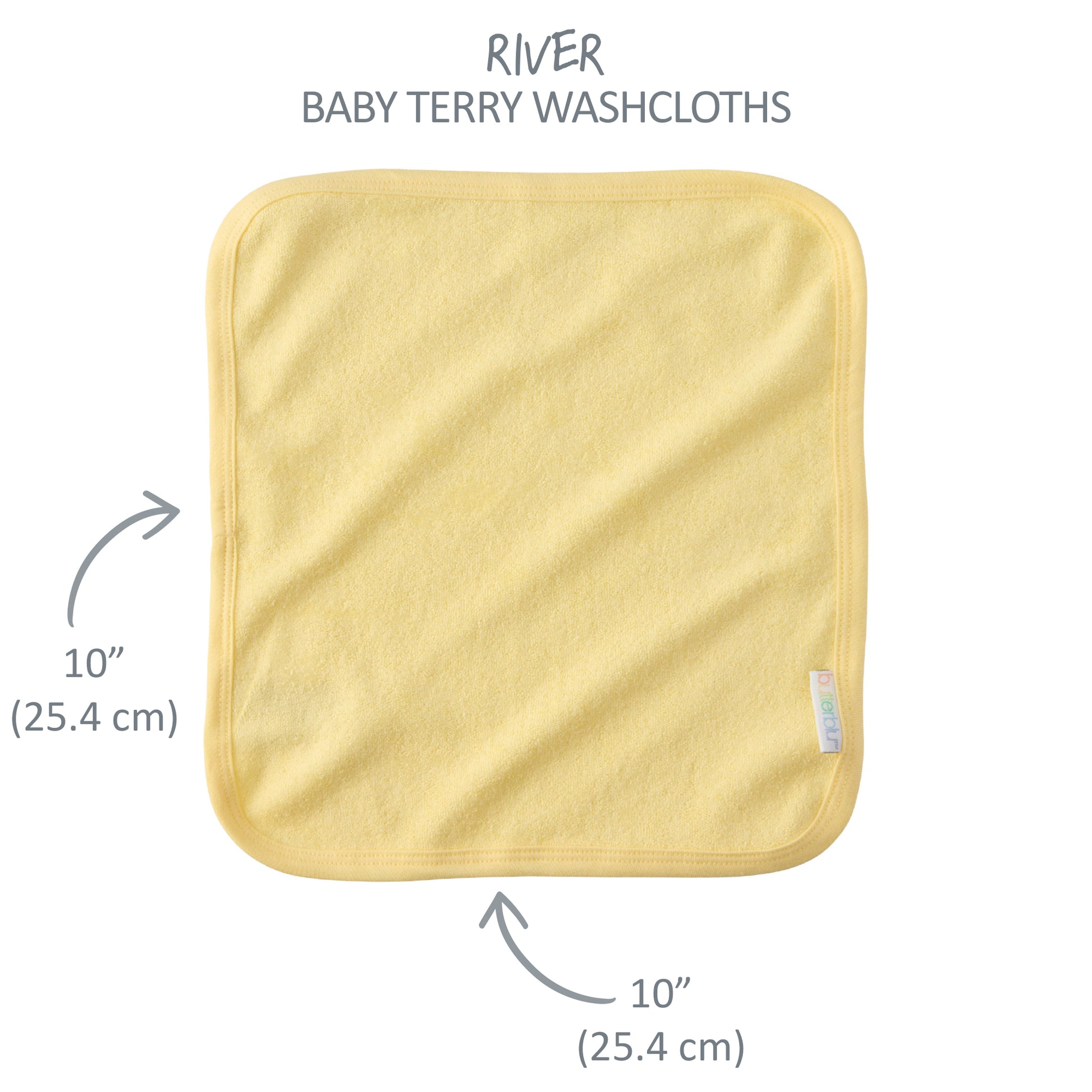 River washcloth with 10'' square measurement label