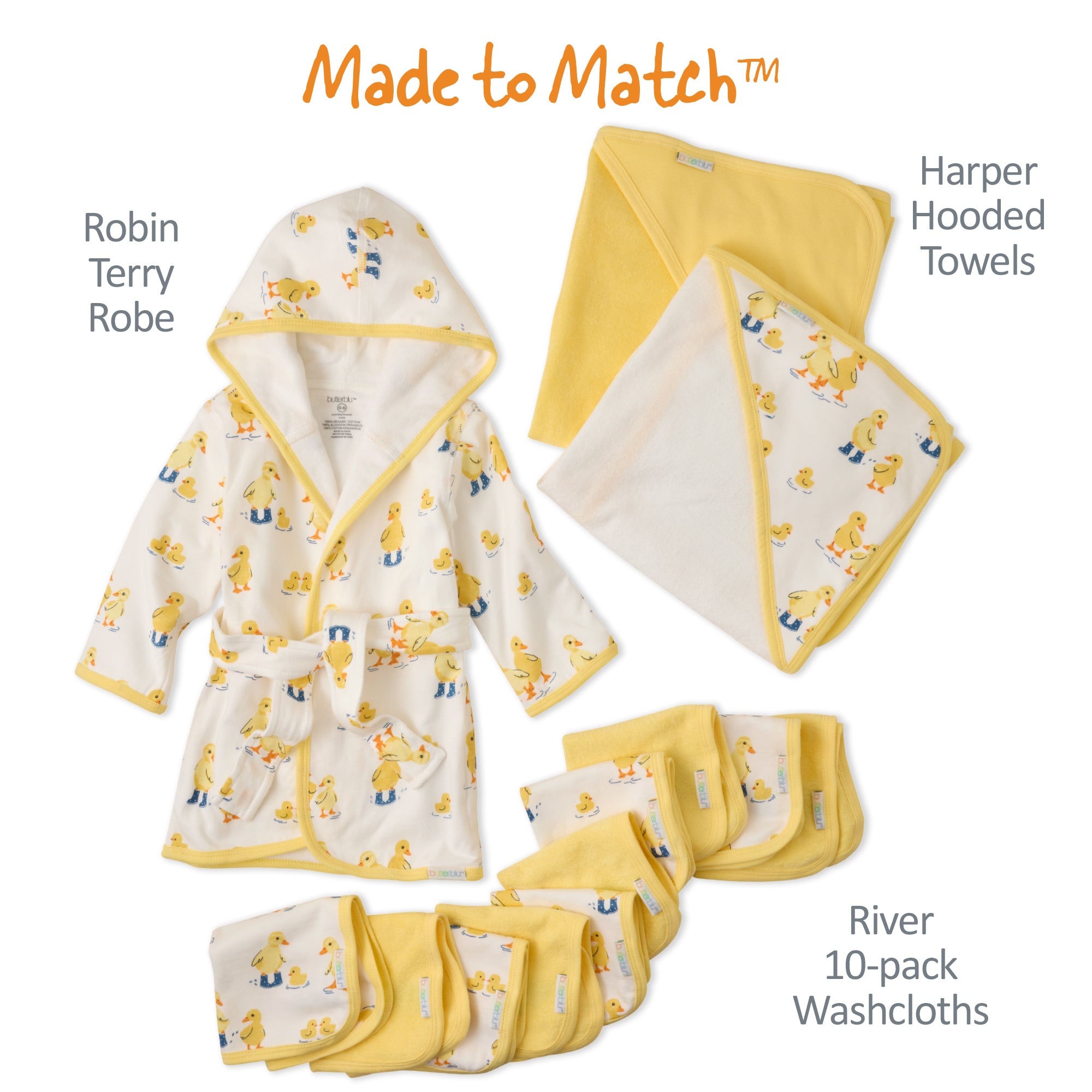 Made to match layout of Robin Robe, Harper Hooded Towel, and River Washcloths in Puddle Jumpers