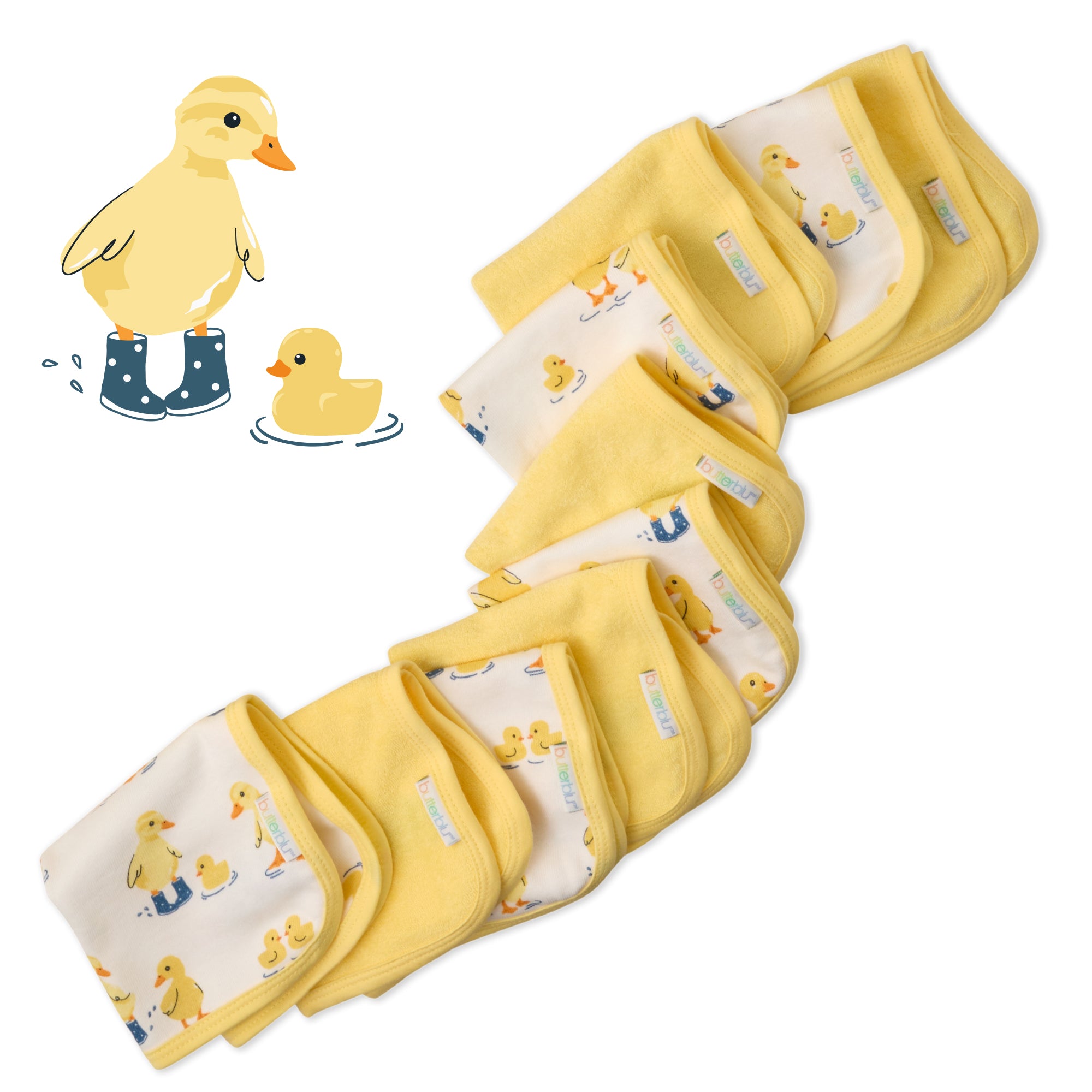 Layout of 10 washcloths in Puddle Jumpers with Duck graphic