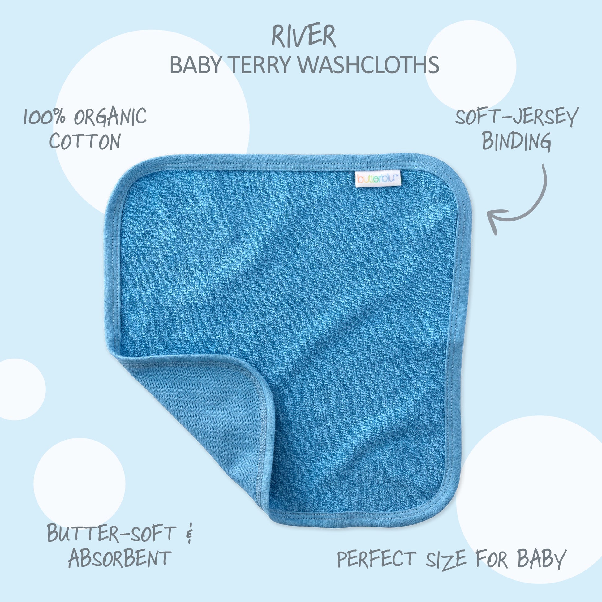 Blue baby washcloth with text highlighting features on a light blue background