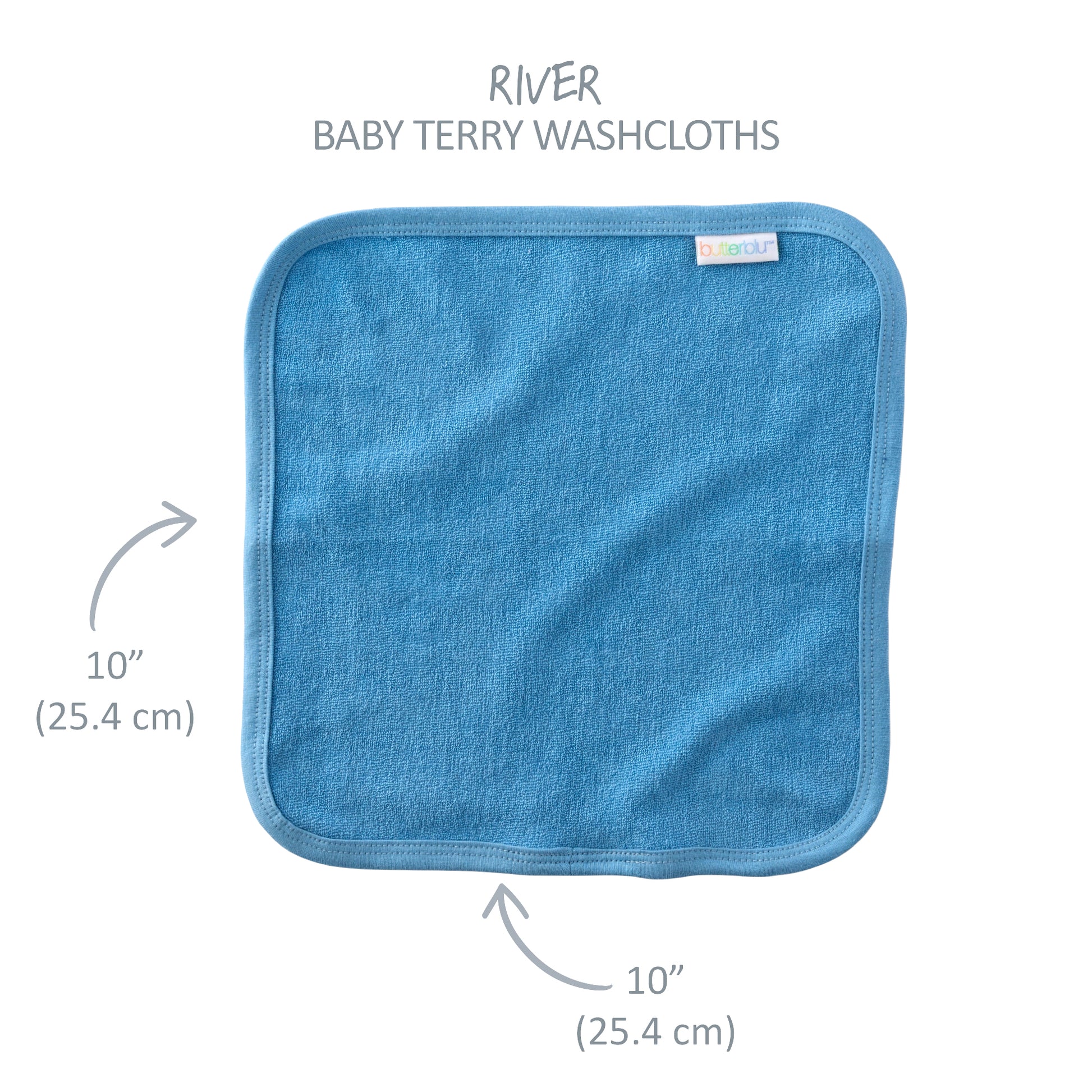Blue baby terry washcloth with dimensions labeled on a white background