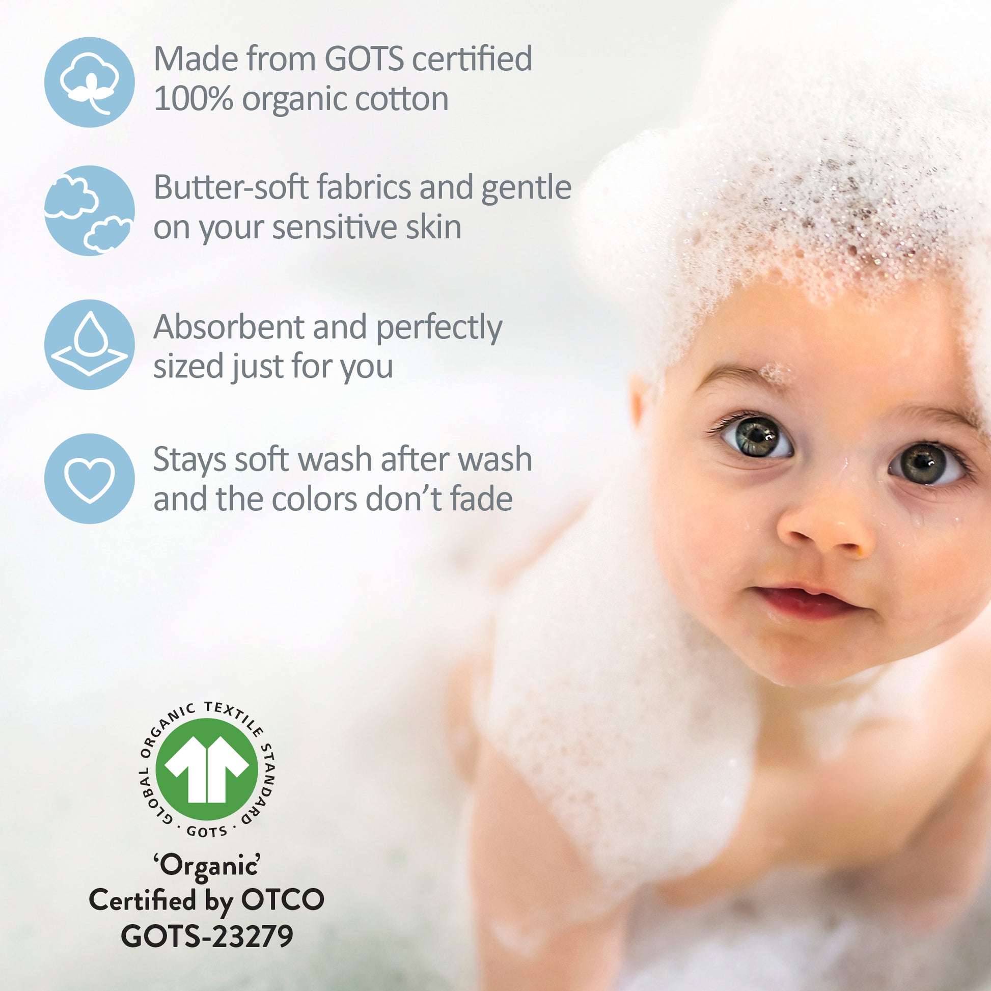 Baby with bubbles and organic cotton product information on a white background