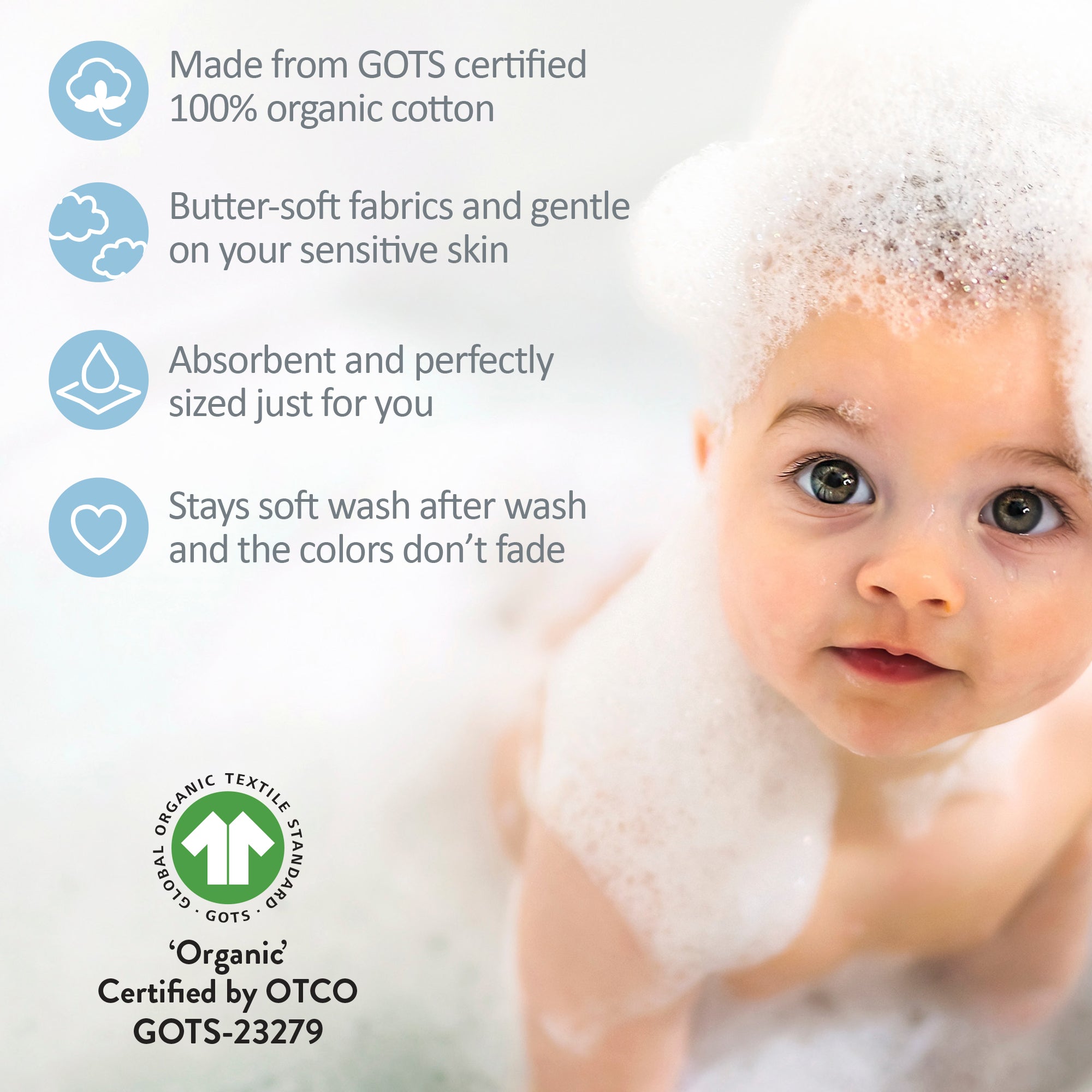 Baby with bubbles and organic cotton product information on a white background
