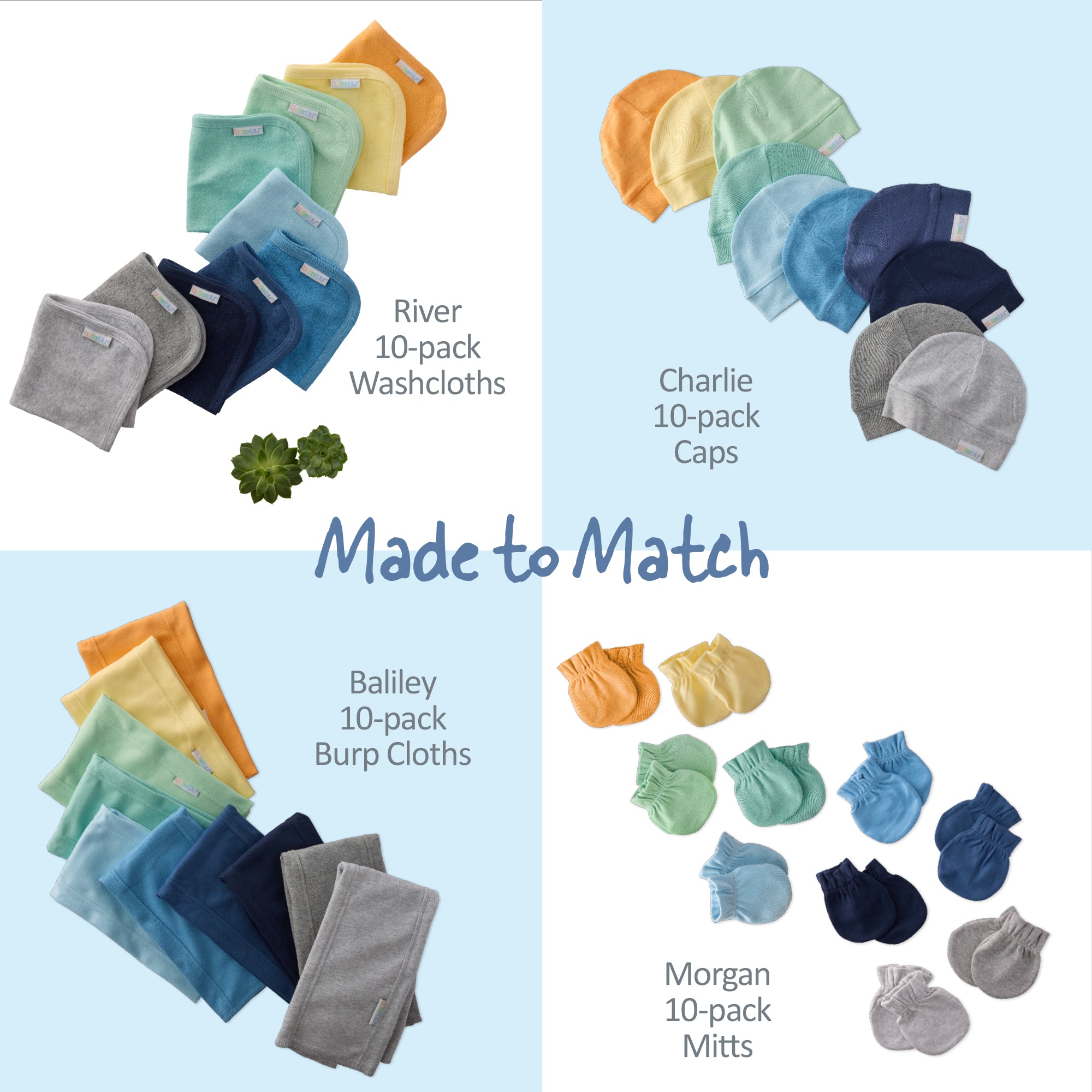 Collection of baby accessories including washcloths, caps, burp cloths, and mitts in various colors made to match.