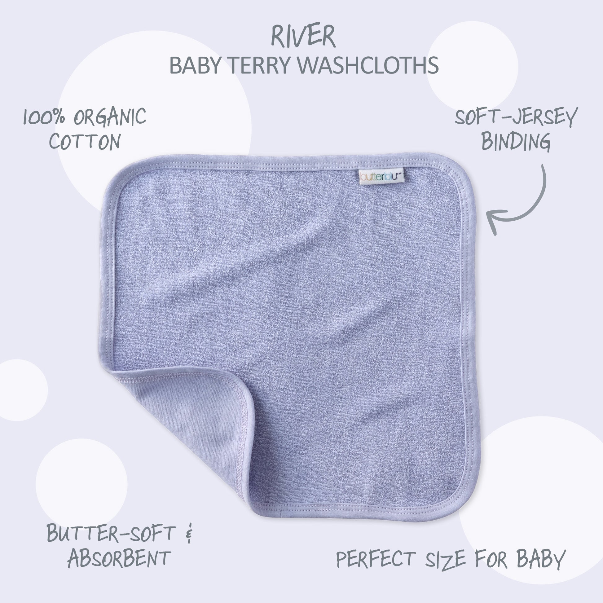Purple baby washcloth with text highlighting features on a light gray background