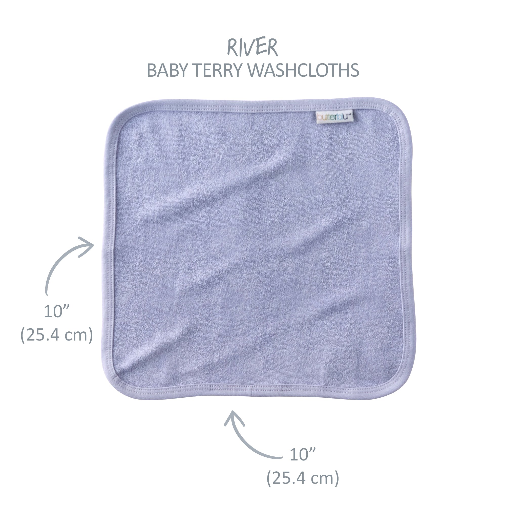 Purple baby terry washcloth with size measurements and brand name on a white background
