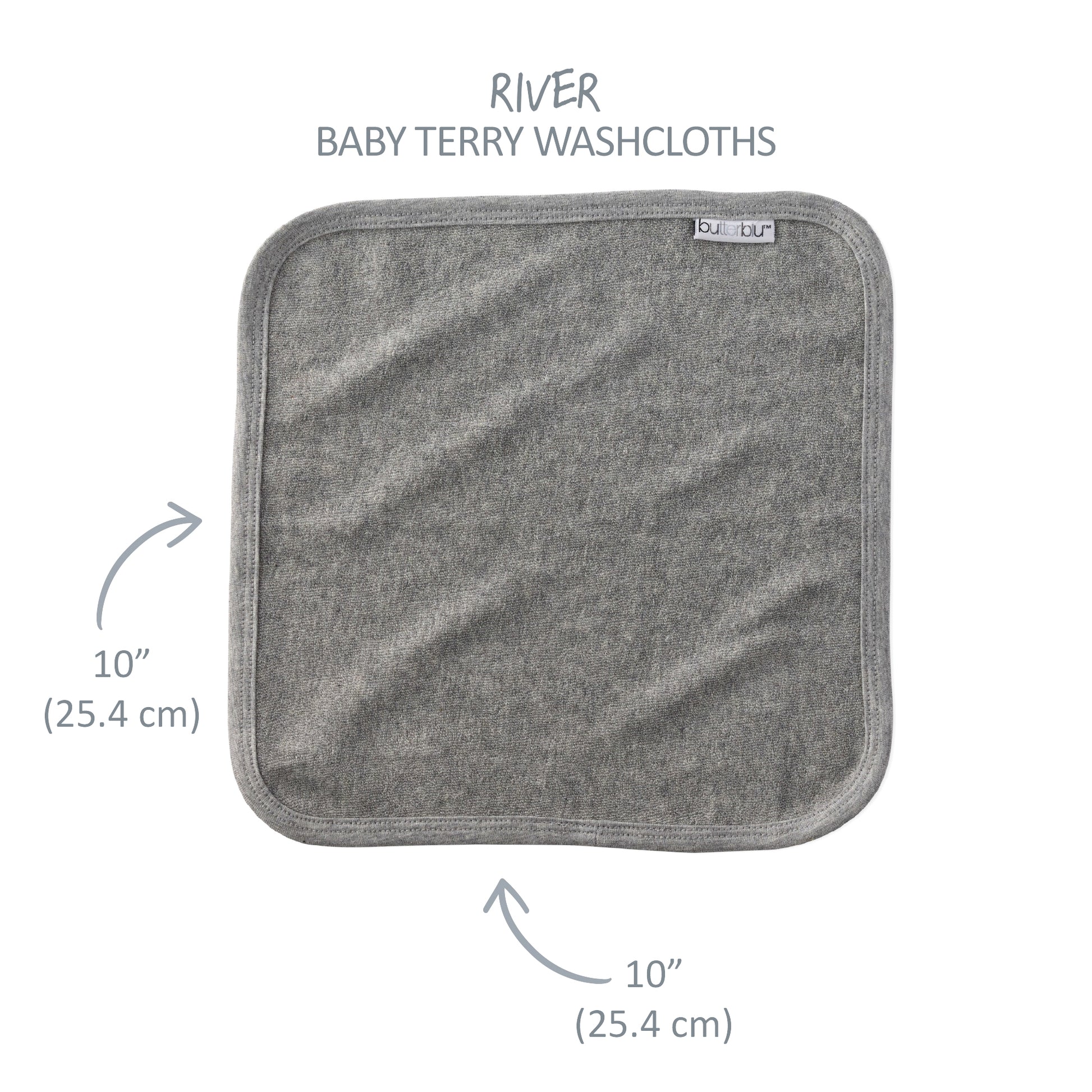 Gray baby terry washcloth with size measurements and brand name on a white background