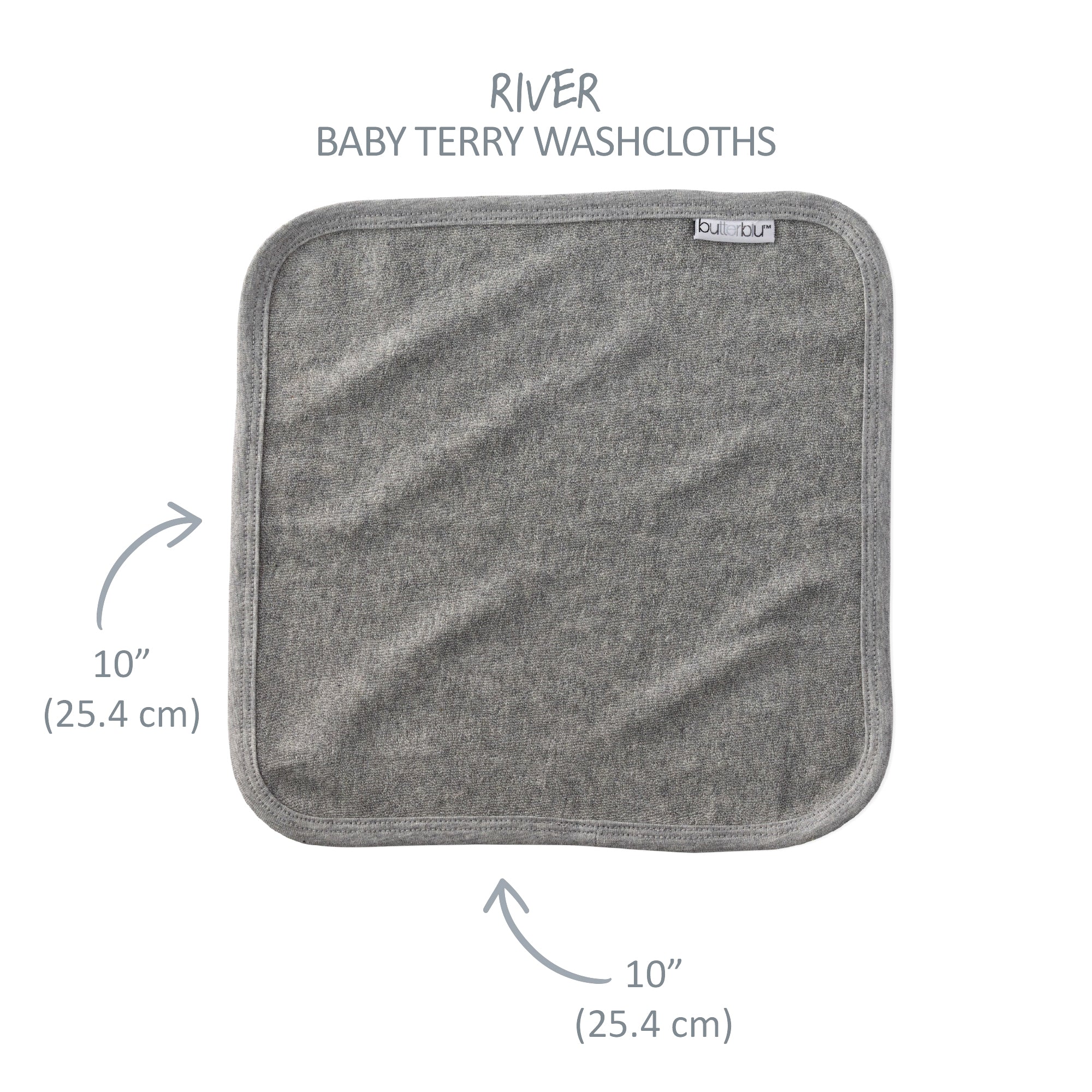 Gray baby terry washcloth with size measurements and brand name on a white background