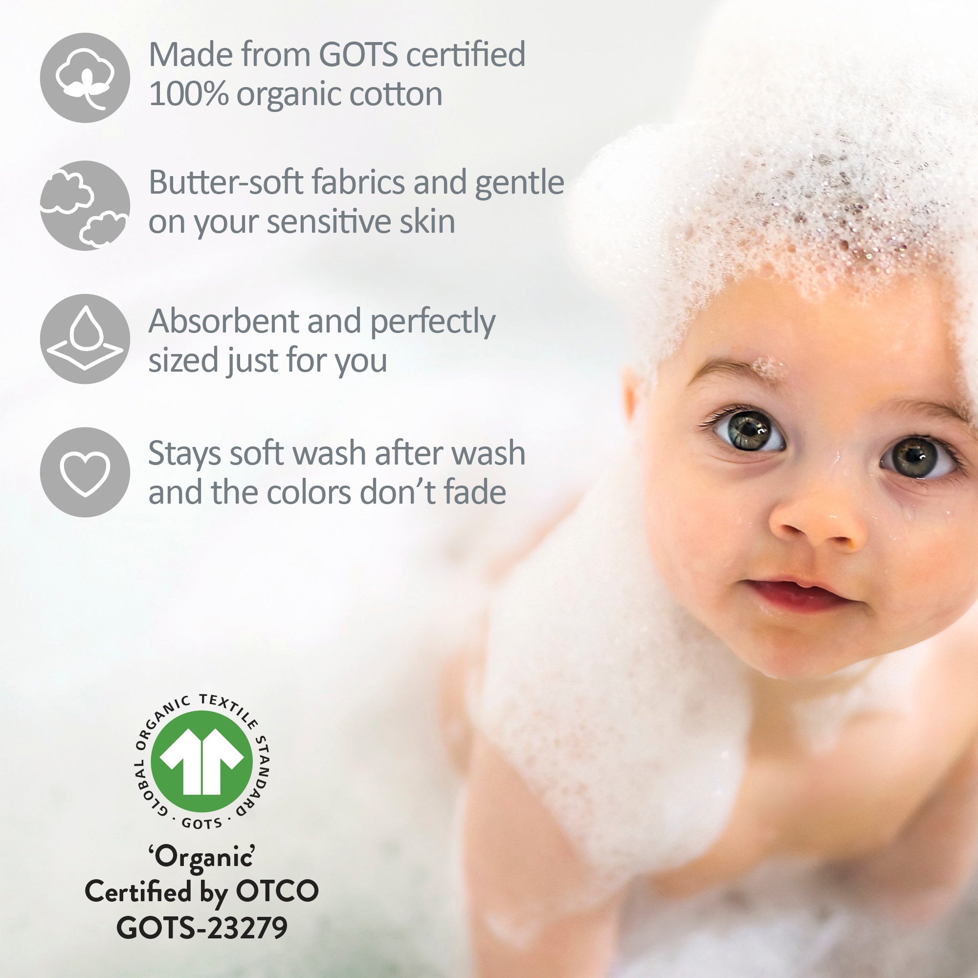 Baby with bubbles and organic cotton product information on a white background