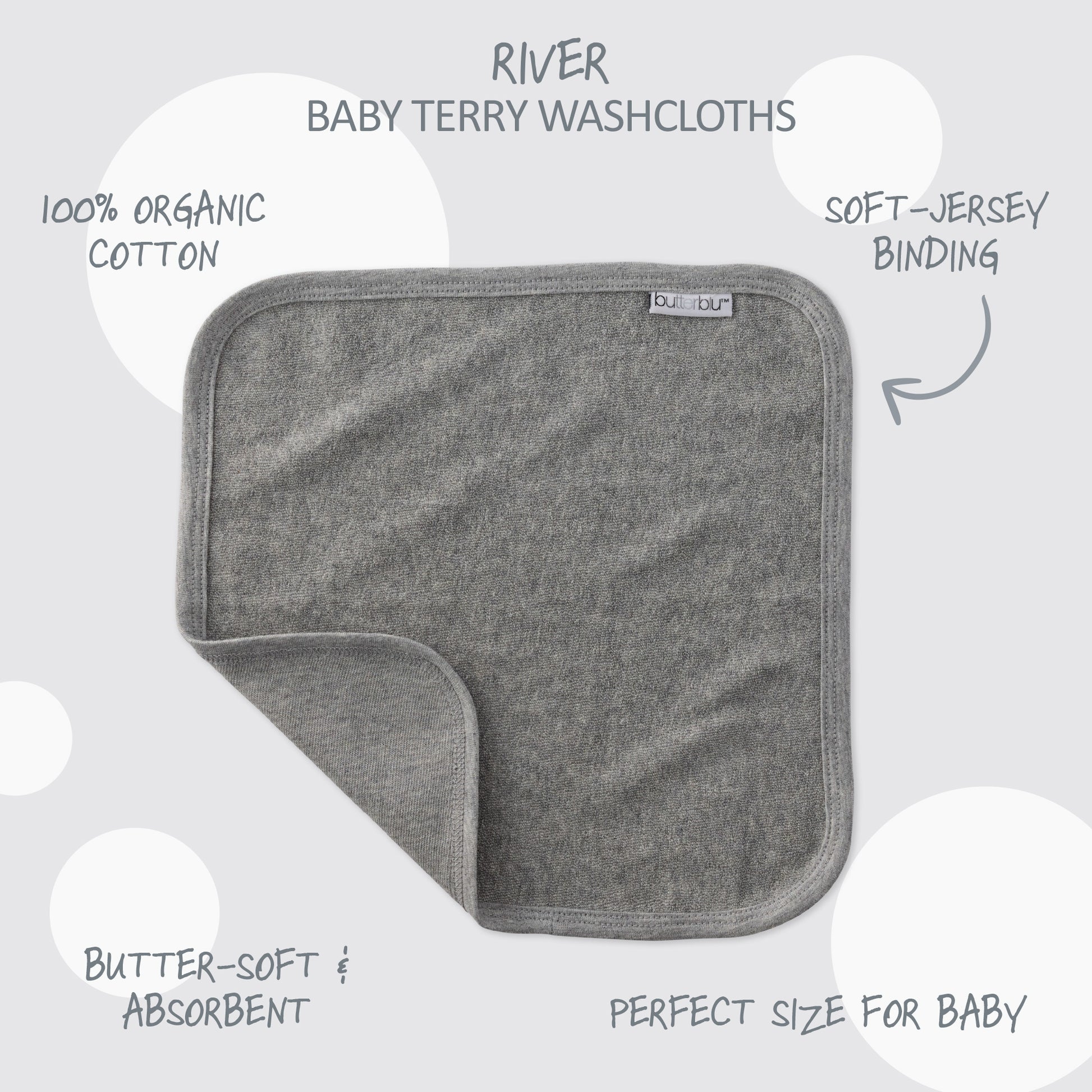 Gray baby washcloth with text highlighting features on a light gray background