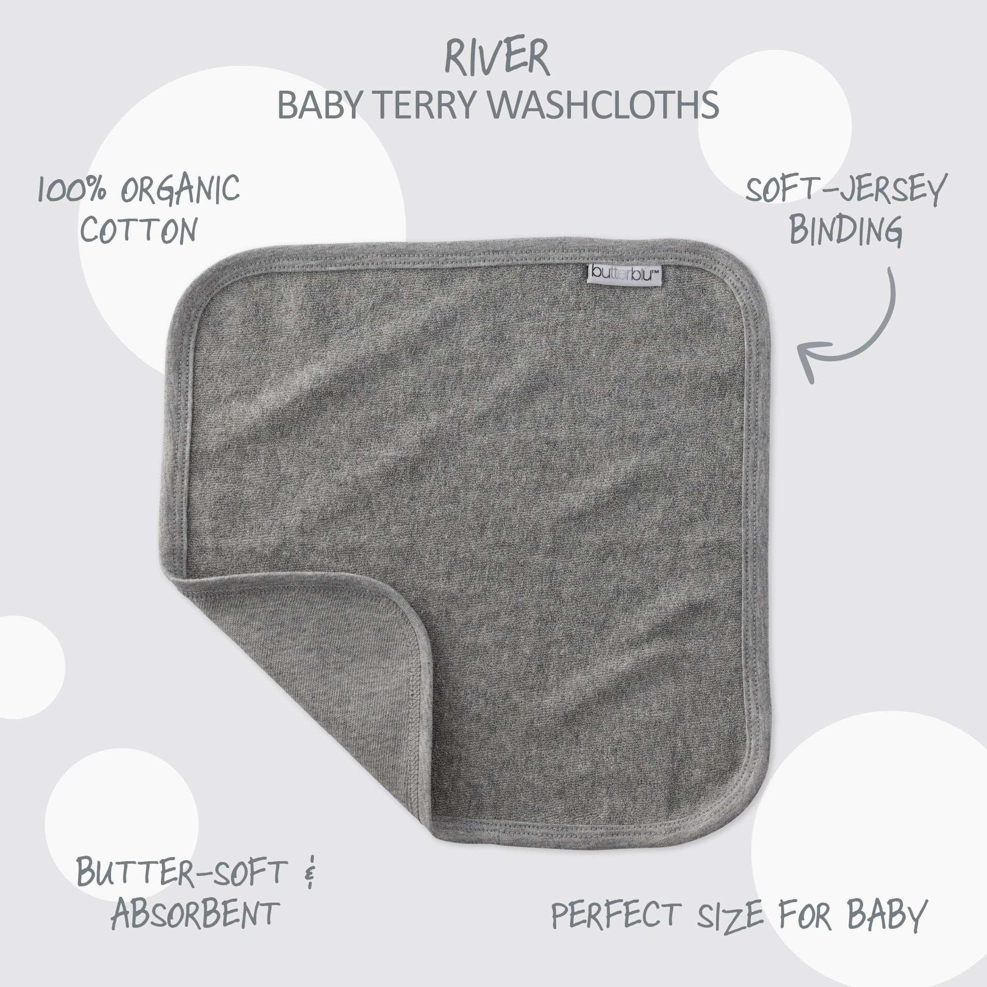 Gray baby washcloth with text highlighting features on a light gray background