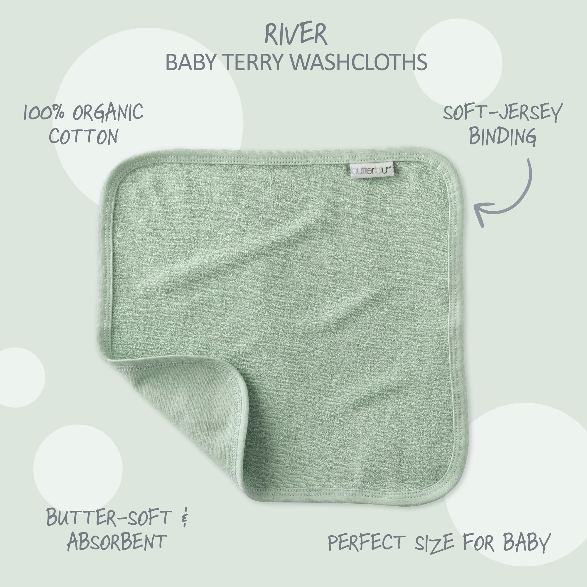 Green baby washcloth with text highlighting features on a light gray background