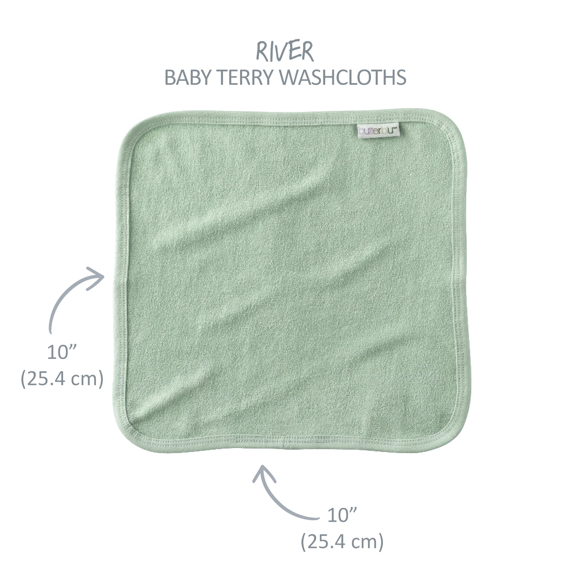 Green baby terry washcloth with size measurements on a white background