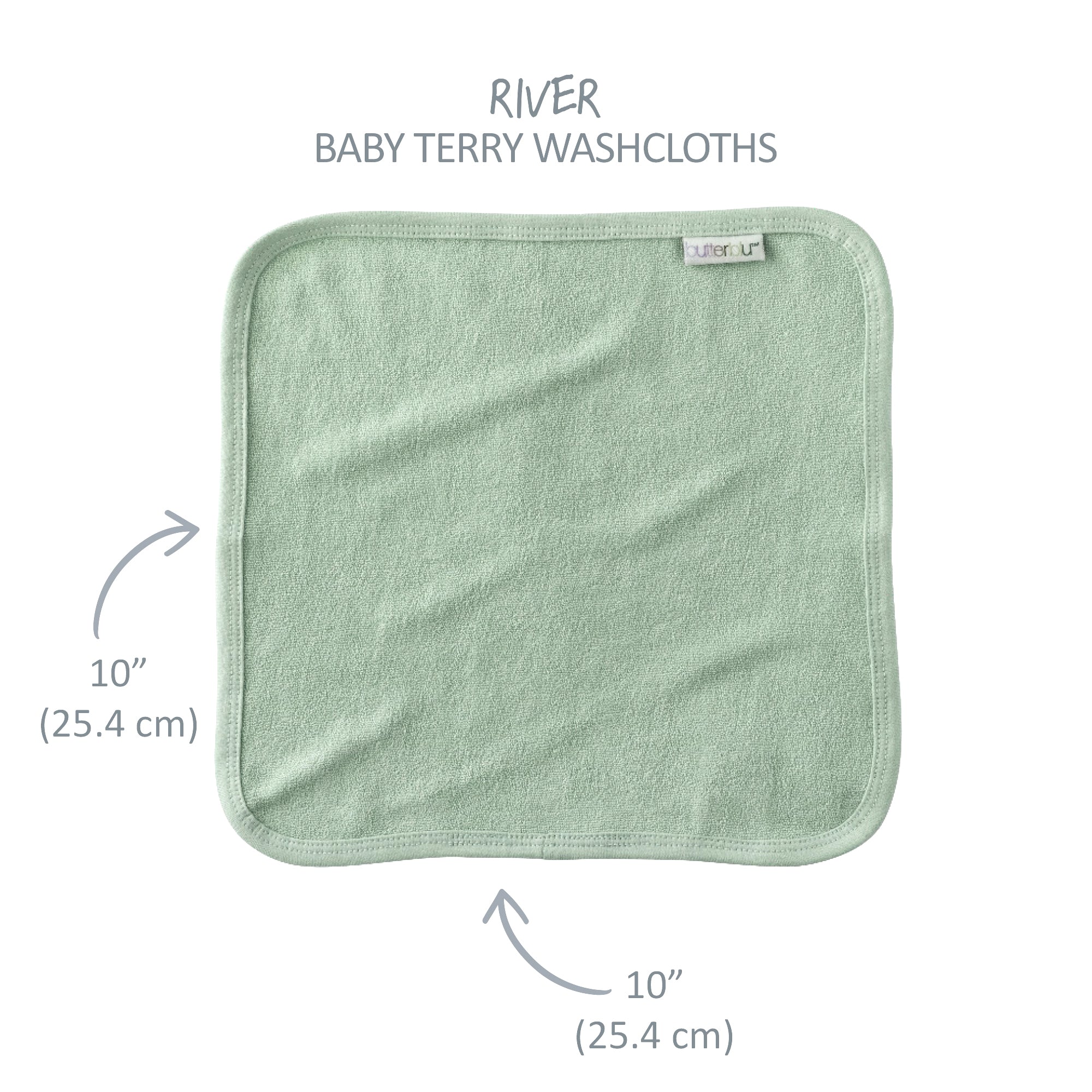 Green baby terry washcloth with size measurements on a white background